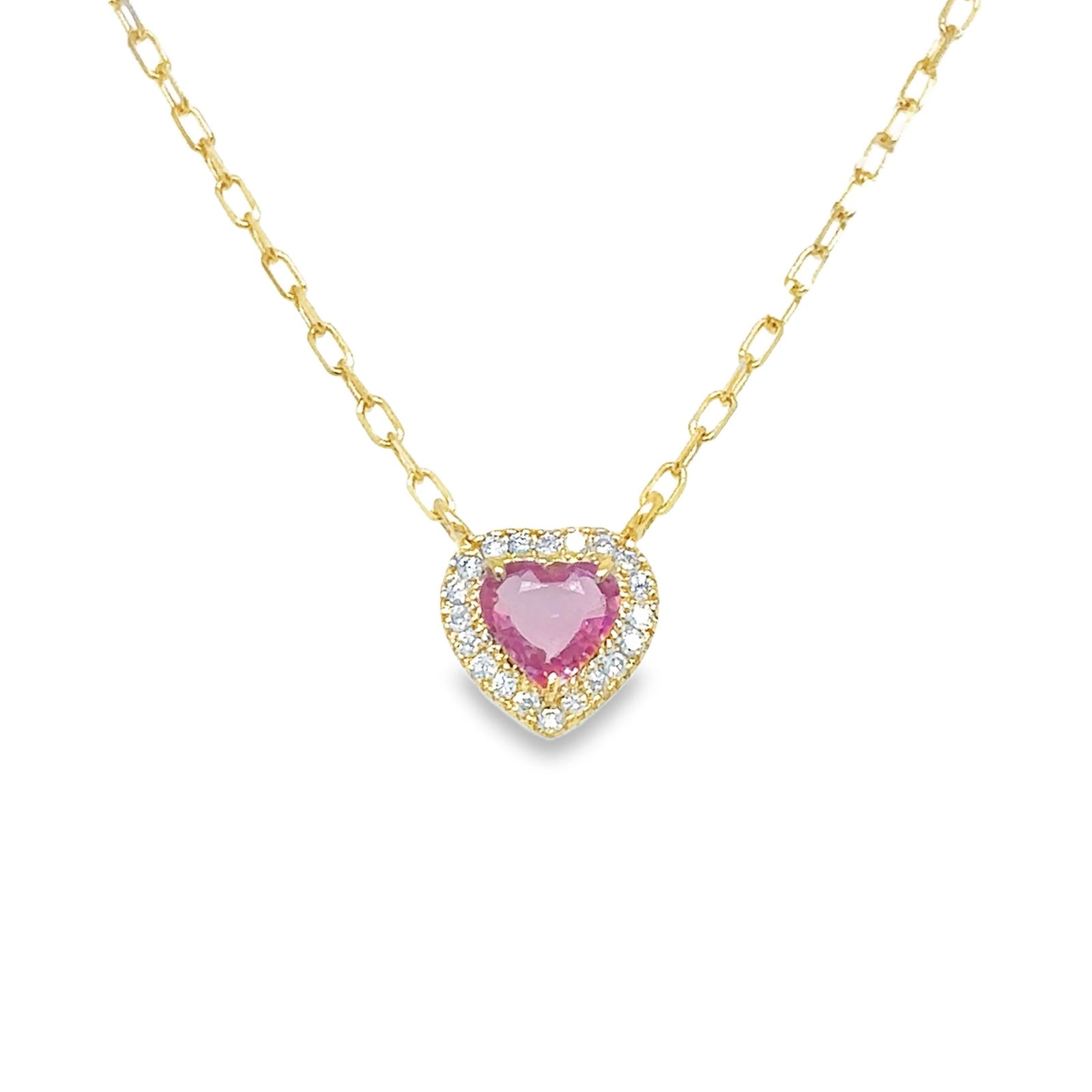14KT YELLOW GOLD DIAMOND AND PINK SAPPHIRE HEART NECKLACE: 14KT YELLOW GOLD DIAMOND AND PINK SAPPHIRE HEART NECKLACE 18"14KT. GOLD WT. APPROX. 1.60 GRAMDIAMOND WT. APPROX. 0.08 CARATS/ 20 PCSPINK SAPPHIRE WT. APPROX. 0.48 CARATS/ 1 PCPENDENT SIZE APPROX. - 7.