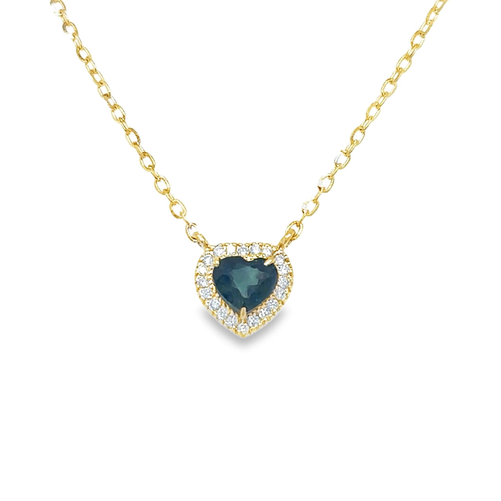 14KT YELLOW GOLD DIAMOND AND GREEN SAPPHIRE HEART NECKLACE: 14KT YELLOW GOLD DIAMOND AND GREEN SAPPHIRE HEART NECKLACE 18"14KT. GOLD WT. APPROX. 1.60 GRAMDIAMOND WT. APPROX. 0.08 CARATS/ 20 PCSGREEN SAPPHIRE WT. APPROX. 0.48 CARATS/ 1 PCPENDENT SIZE APPROX. -