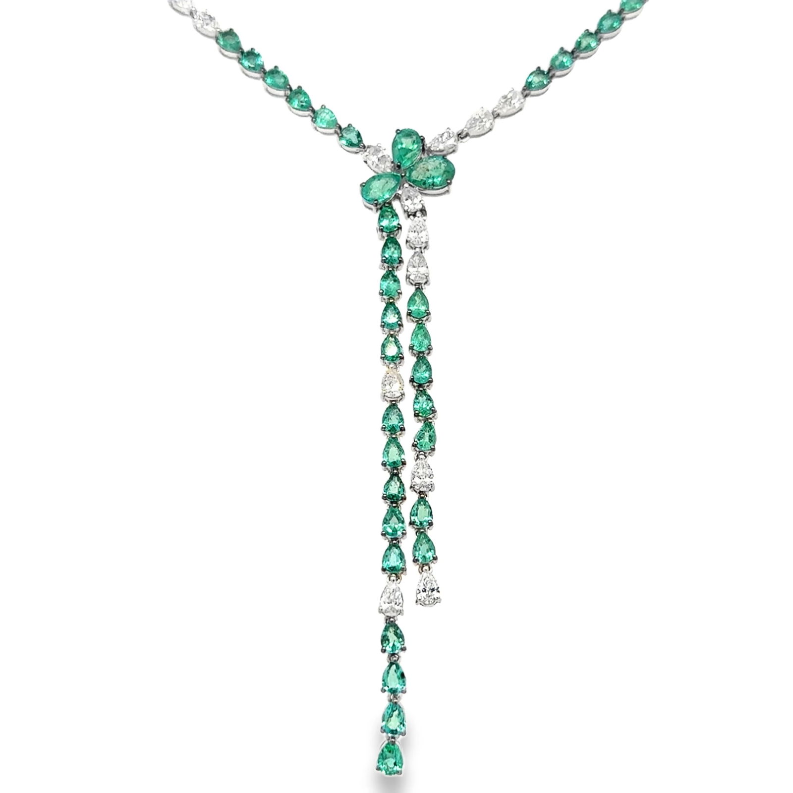 18KT WHITE GOLD EMERALD AND DIAMOND NECKLACE: 18KT YELLOW GOLD EMERALD AND DIAMOND TENNIS NECKLACE18KT GOLD WT. APPROX. 22.97 GRAMDIAMOND WT. APPROX. 4.07 CARAT/ 31 PCSEMERALD WT. APPROX. 12.36 CARAT/ 86 PCSLENGTH: 16 INCHES LONG