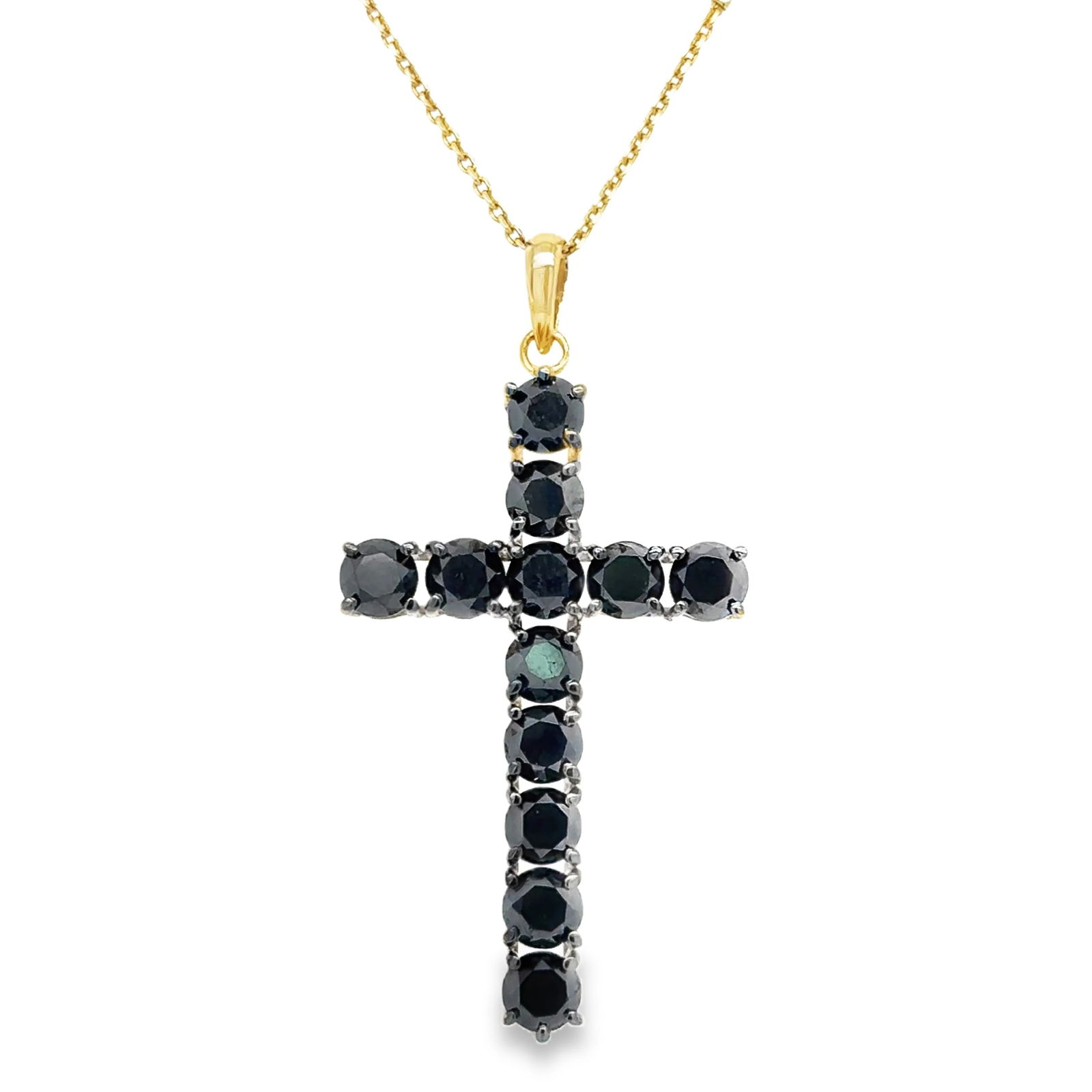 14KT YELLOW GOLD BLACK DIAMOND CROSS PENDANT: 14KT YELLOW GOLD BLACK DIAMOND CROSS PENDANT14KT GOLD WT. APPROX. 2.25 GRAMBLACK DIAMOND WT. APPROX. 5.20 CARAT / 12 PCSSIZE APPROX. - 39 MM X 12 MMPRICE IS ONLY FOR PENDANT WITHOUT CHAIN