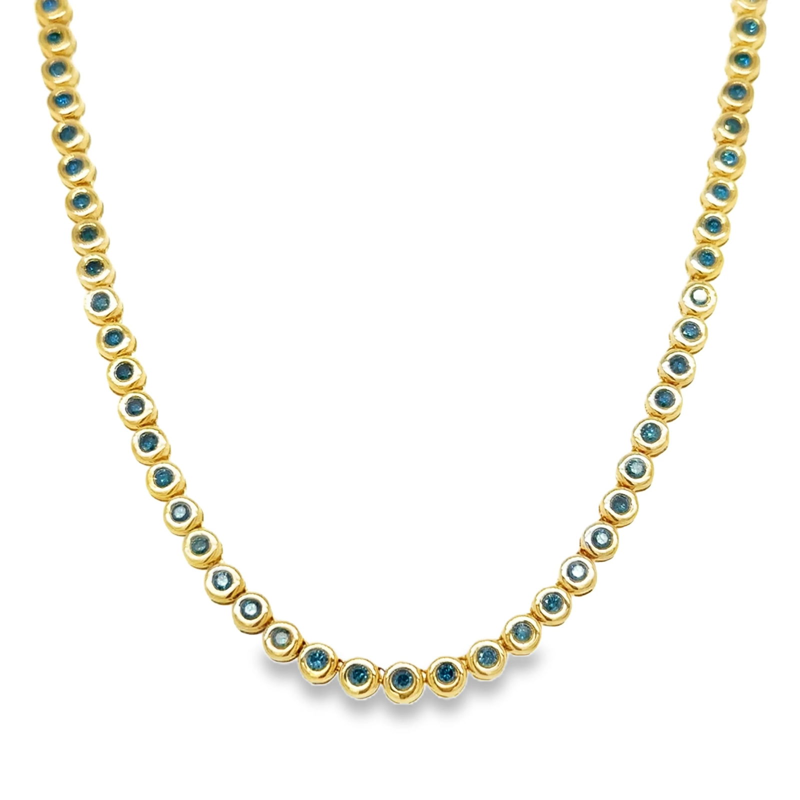 14KT GOLD BEZEL BLUE DIAMOND TENNIS NECKLACE: 14KT YELLOW GOLD BEZEL BLUE DIAMOND NECKLACE14KT GOLD WT. APPROX 21.01 GRAMBLUE DIAMOND WT. APPROX. 3.01 CARAT/ 96 PCS 18" LONG CHAIN
