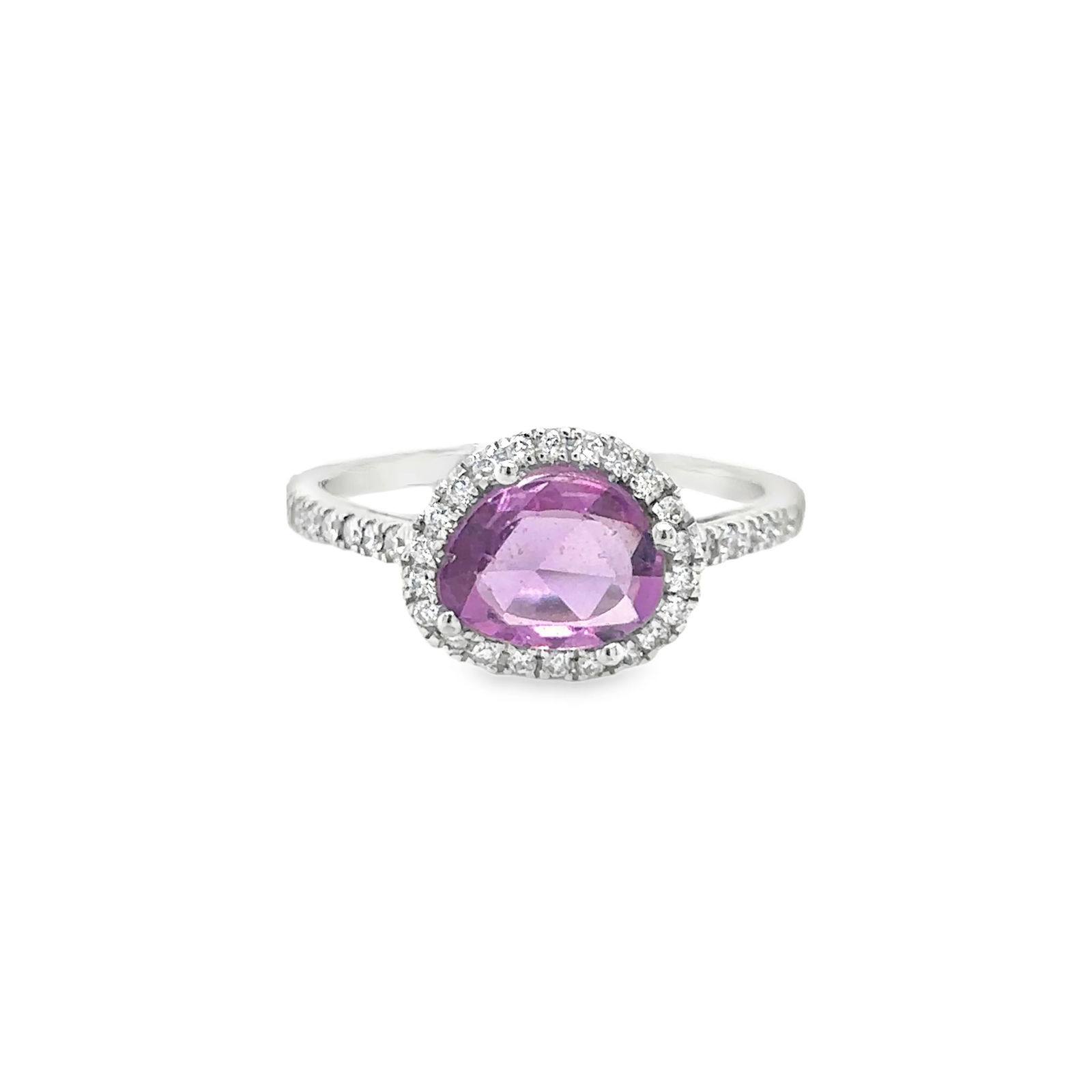 14KT WHITE GOLD PINK SAPPHIRE RING WITH DIAMONDS: 14KT WHITE GOLD PINK SAPPHIRE RING WITH DIAMONDS14KT GOLD WT. APPROX. 1.99 GRAMDIAMOND WT. APPROX. 0.24 CARAT / 40 PCSPINK SAPPHIRE WT. APPROX. 1.06 CARAT/ 01 PCRING SIZE: 6