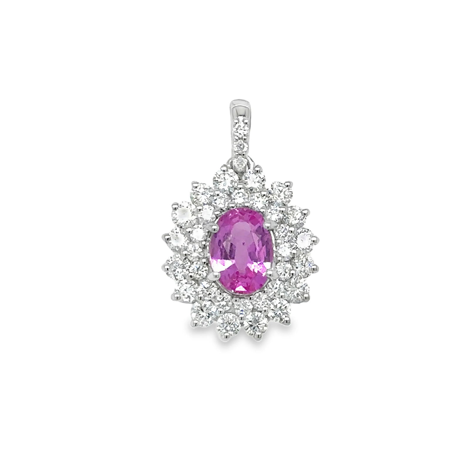 18KT WHITE GOLD DIAMOND AND PINK SAPPHIRE PENDENT: 18KT WHITE GOLD DIAMOND AND PINK SAPPHIRE PENDENT18KT GOLD WT. APPROX. 2.27 GRAMDIAMOND WT. APPROX. 1.07 CARAT / 35 PCSPINK SAPPHIRE WT. APPROX. 1.34 CARAT / 1 PCSSIZE APPROX. - 16.25 MM X 14.25 MM