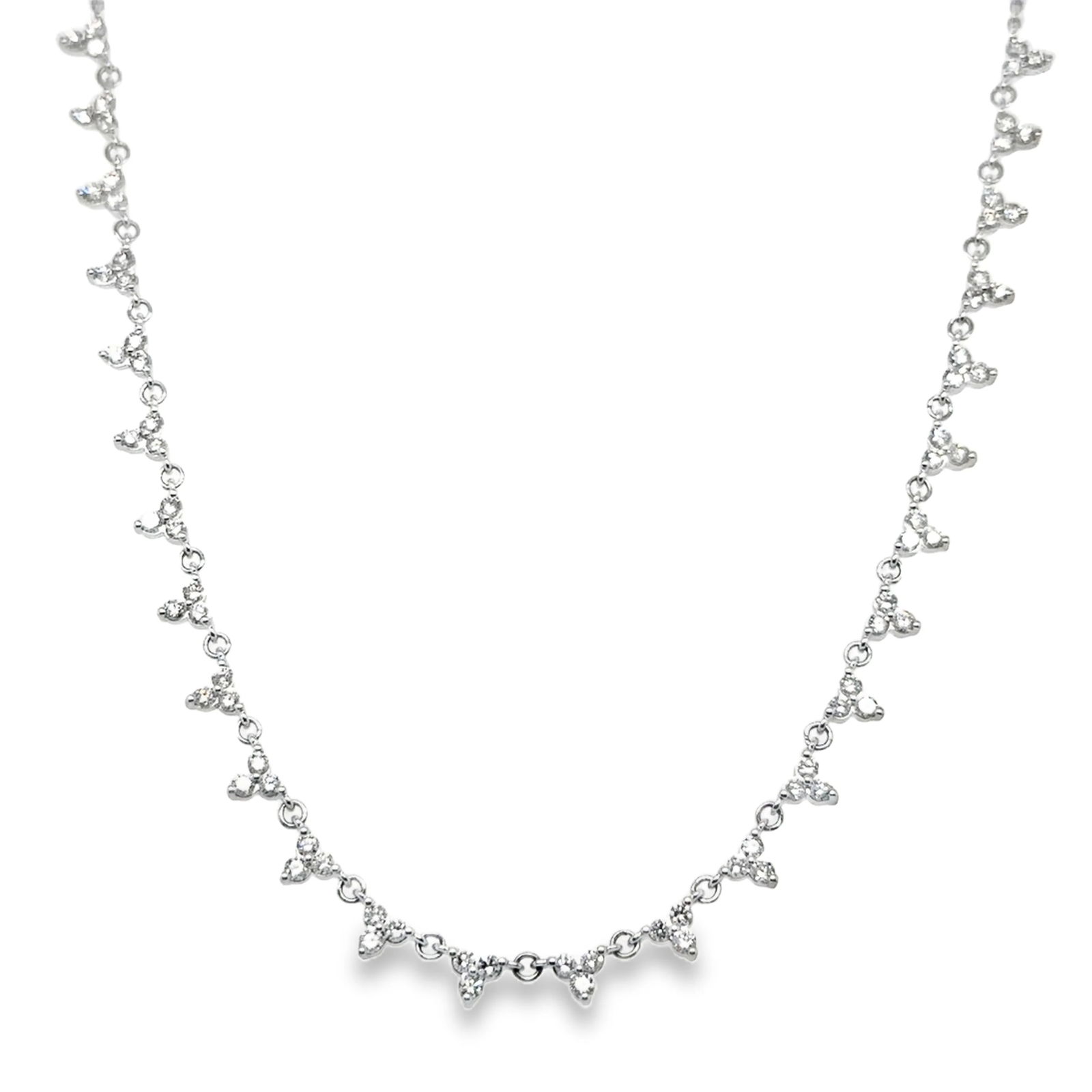 14KT WHITE GOLD DIAMOND NECKLACE: 14KT WHITE GOLD DIAMOND TRIO TENNIS NECKLACE 18"14KT GOLD WT. APPROX. 7.48 GRAMDIAMOND WT. APPROX. 2.12 CARAT / 78 PCS18" LONG CHAIN WITH ADJUSTABLE RING ON 16" AND 17"