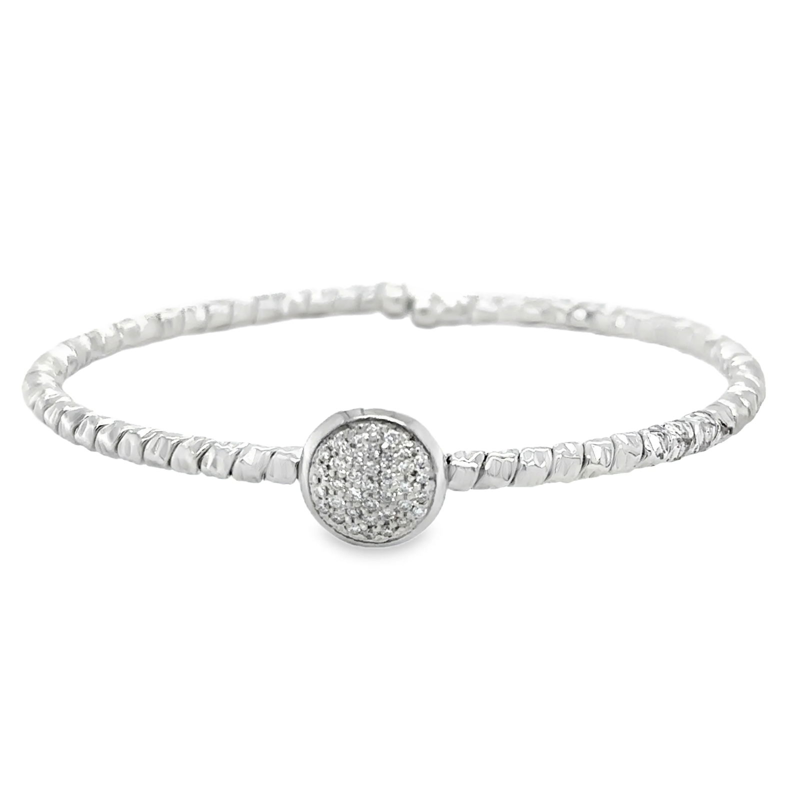 18KT WHITE GOLD DIAMOND BANGLE: 18KT WHITE GOLD DIAMOND BRACELATE18KT GOLD WT. APPROX. 7.00 GMDIAMOND WT. APPROX. 0.45 CT