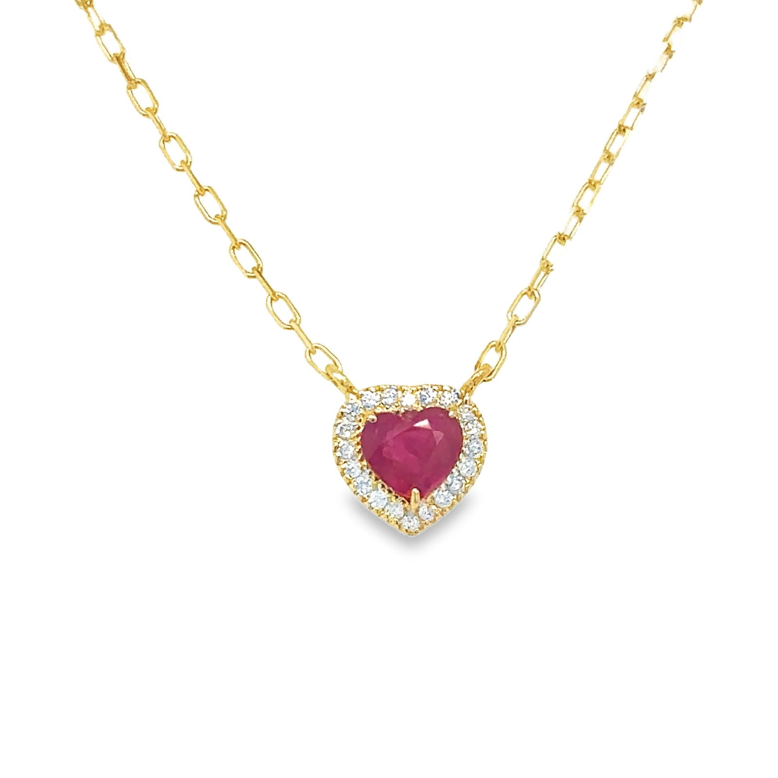 14KT YELLOW GOLD DIAMOND AND RUBY HEART NECKLACE: 14KT YELLOW GOLD DIAMOND AND RUBY HEART NECKLACE 18"14KT. GOLD WT. APPROX. 1.60 GRAMDIAMOND WT. APPROX. 0.08 CARATS/ 20 PCSRUBY WT. APPROX. 0.48 CARATS/ 1 PCPENDENT SIZE APPROX. - 7.5 MM18" LONG CHAIN