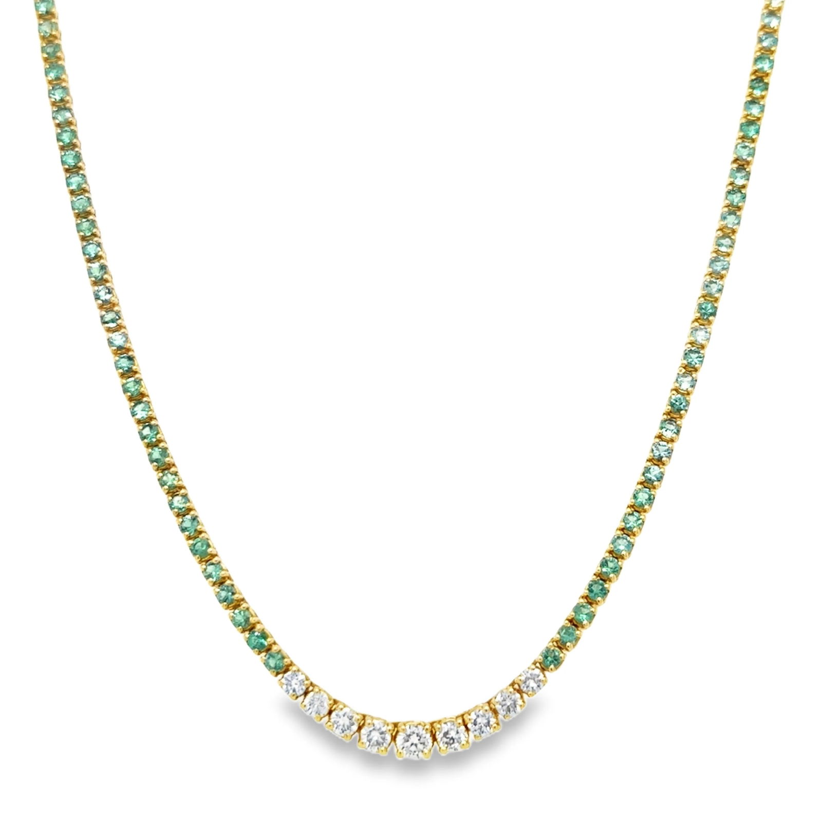18KT WHITE GOLD EMERALD AND DIAMOND NECKLACE: 18KT YELLOW GOLD EMERALD AND DIAMOND TENNIS NECKLACE18KT GOLD WT. APPROX. 15.64 GRAMEMERALD WT. APPROX. 3.42 CARAT/ 146 PCSDIAMOND WT. APPROX. 1.91 CTS / 27 PCSLENGTH: 17 INCHES LONG