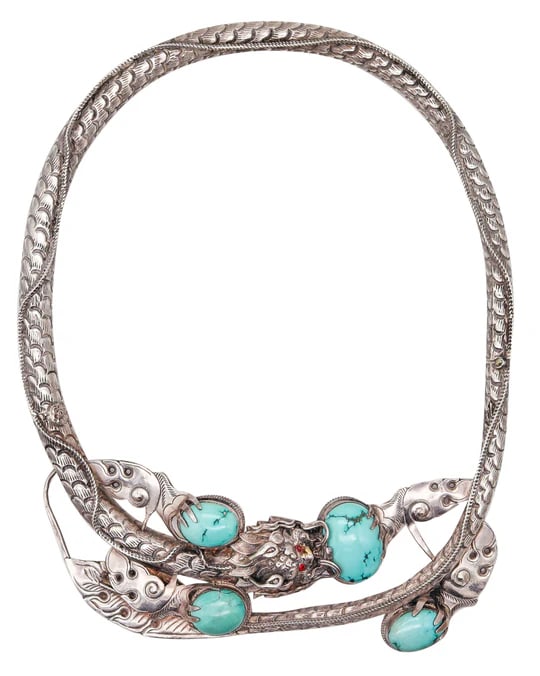QING DINASTY 1915 China Export Dragon Necklace In .900 Silver With Turquoises (1 of 10)