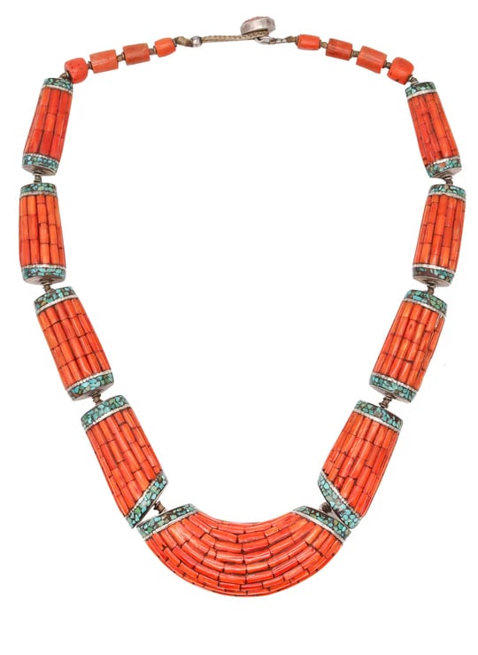 TIBETAN 1920 Antique Necklace In Sterling Silver With Carved Corals & Turquoises: An antique Tibetan necklace with turquoises and coral.This is a gorgeous antique necklace created in the central Asia, most probably in Tibet, back in the 1920's. The necklace has been hand-crafted wi