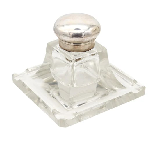 AUSTRIAN 1920 Art-Deco Desk Inkwell In Cut Polished Glass And .800 Sterling Silver (1 of 7)