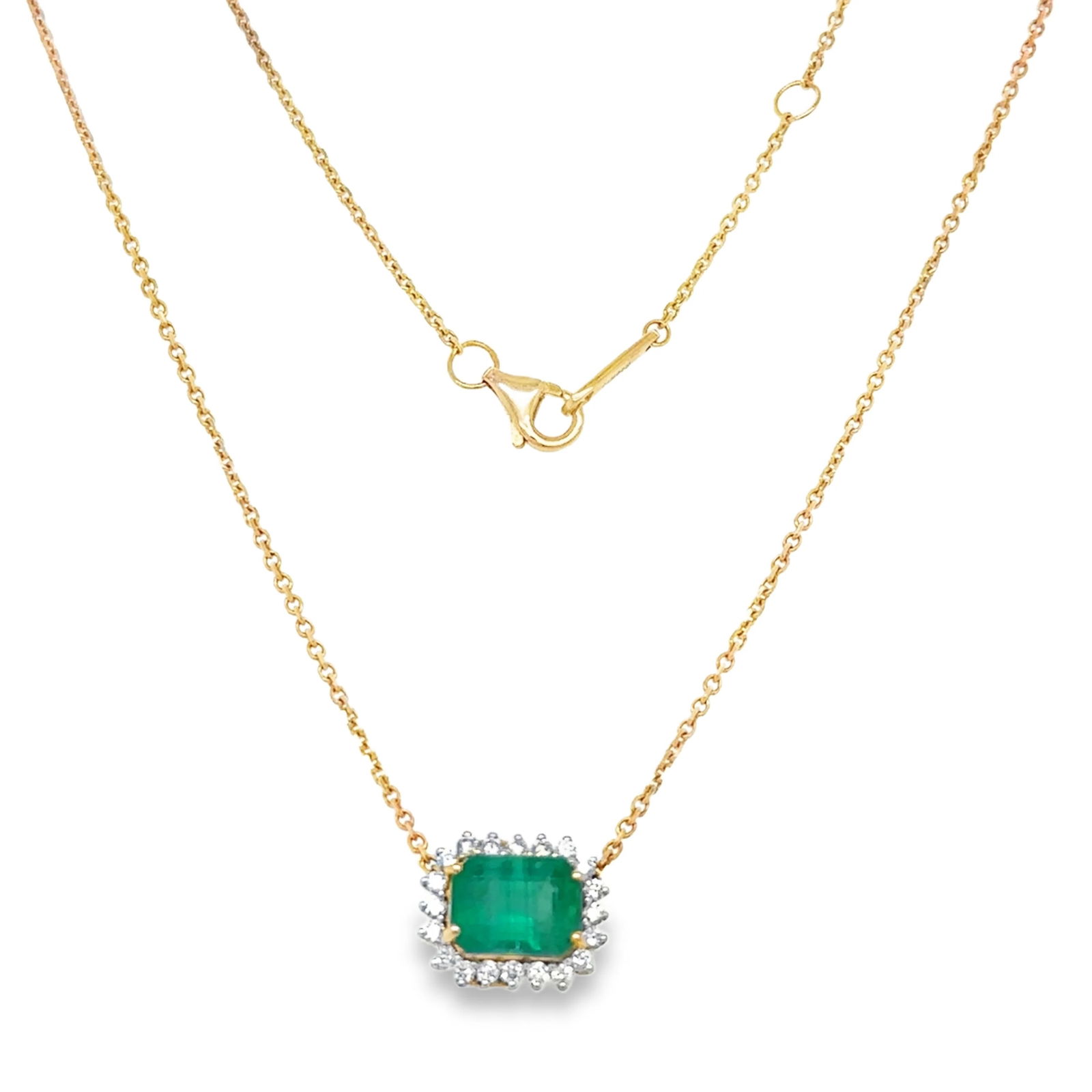 18KT YELLOW GOLD EMERALD AND DIAMOND NECKLACE: 18KT YELLOW GOLD EMERALD AND DIAMOND NECKLACE18KT GOLD WT. APPROX. 3.47 GRAMDIAMOND WT. APPROX. 0.22 CARAT / 20 PCSEMERALD WT. APPROX. 1.98 CARAT / 1 PCS16 INCH LONG WITH ADJUSTABLE RING ON 15" AND 14