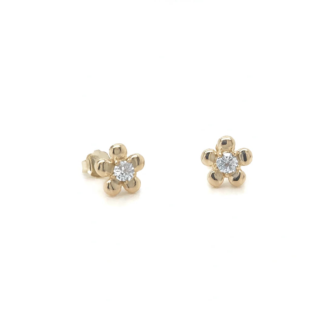 14KT YELLOW GOLD DIAMOND FLOWER EARRING: 14KT YELLOW GOLD DIAMONDFLOWER EARRING 14KT YELLOW GOLD WT. APPROX. 1.44 GRAMDIAMOND WT. APPROX. 0.29 CARAT / 2 PCSSIZE: APPROX: 7.5 MM