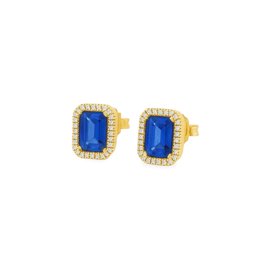 14K GOLD EMERALD CUT BLUE SAPPHIRE AND DIAMOND STUD EARRING: 14K GOLD BLUE SAPPHIRE AND DIAMOND RECTANGLE SHAPE STUD EARRING14KT. GOLD WT. APPROX. 1.70 GRAMDIAMOND WT. APPROX. 0.06 CARAT / 44 PCSBLUE SAPPHIRE WT. APPROX. 0.75 CARAT / 2 PCSSIZE APPROX. 7 X 5 MM