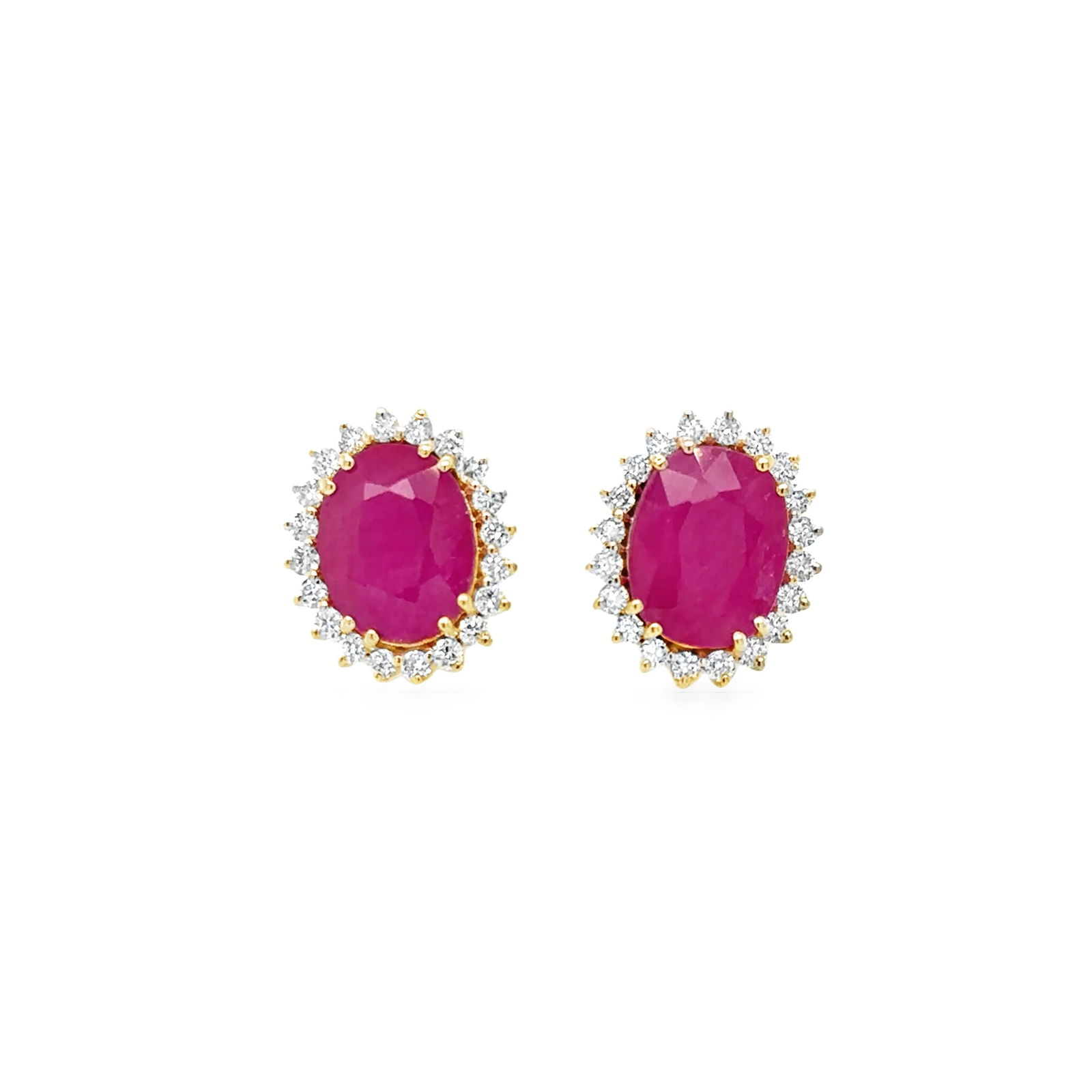 14KT YELLOW GOLD RUBY WITH DIAMONDS EARRING: 14KT.YELLOW GOLD RUBY WITH DIAMONDS EARRING14KT. GOLD WT. APPROX. 2.50 GRAMDIAMOND WT. APPROX. 0.48 CT/ 40 PCSRUBY WT. APPROX. 4.90 CT/ 2PCSSIZE: APPOX. 13MM X 11MM.