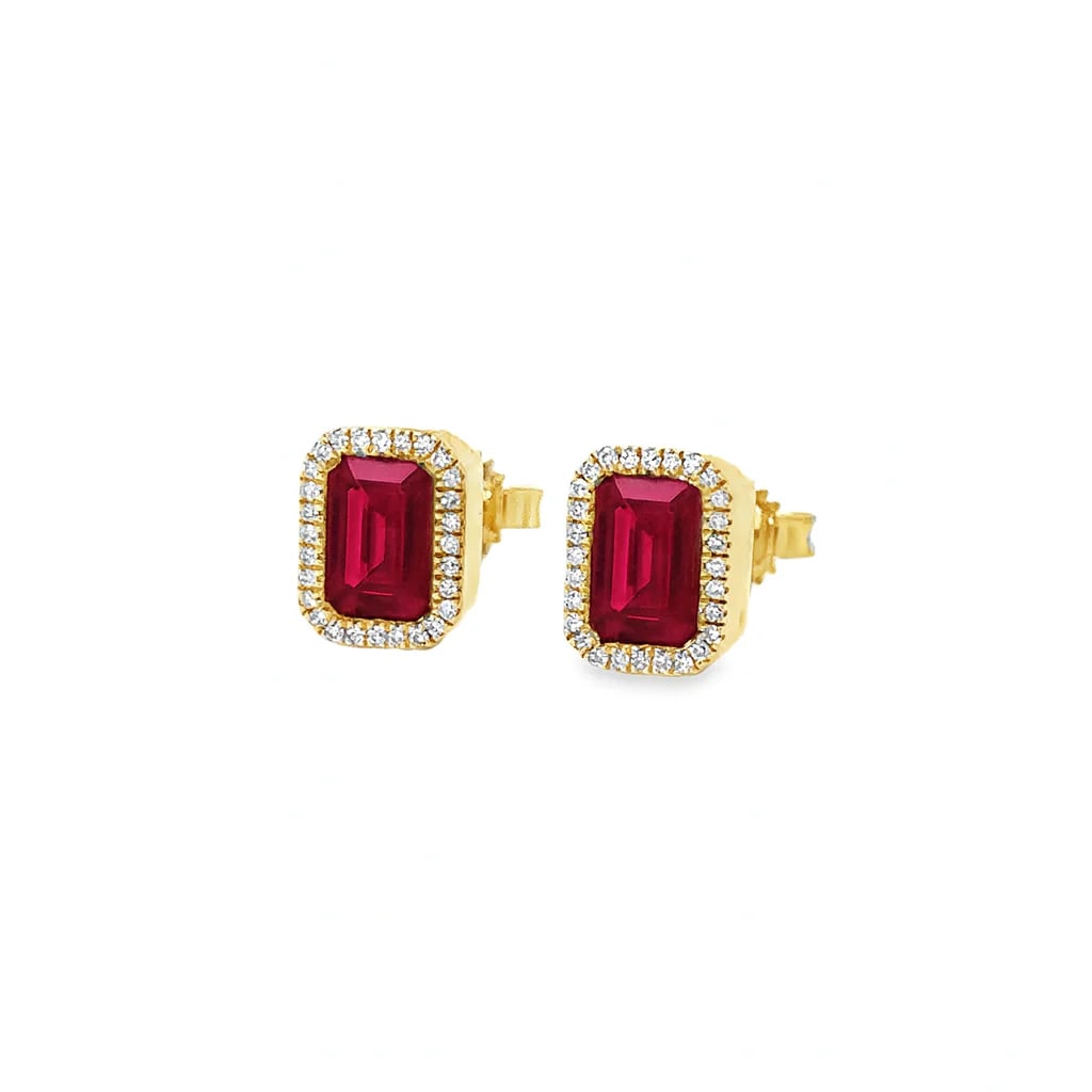14K GOLD EMERALD CUT RUBY AND DIAMOND STUD EARRING: 14K GOLD RUBY AND DIAMOND RECTANGLE SHAPE STUD EARRING14KT. GOLD WT. APPROX. 2.14 GRAMDIAMOND WT. APPROX. 0.08 CARAT / 52 PCSRUBY WT. APPROX. 2.00 CARAT / 2 PCSSIZE APPROX. 8 X 6.5 MM