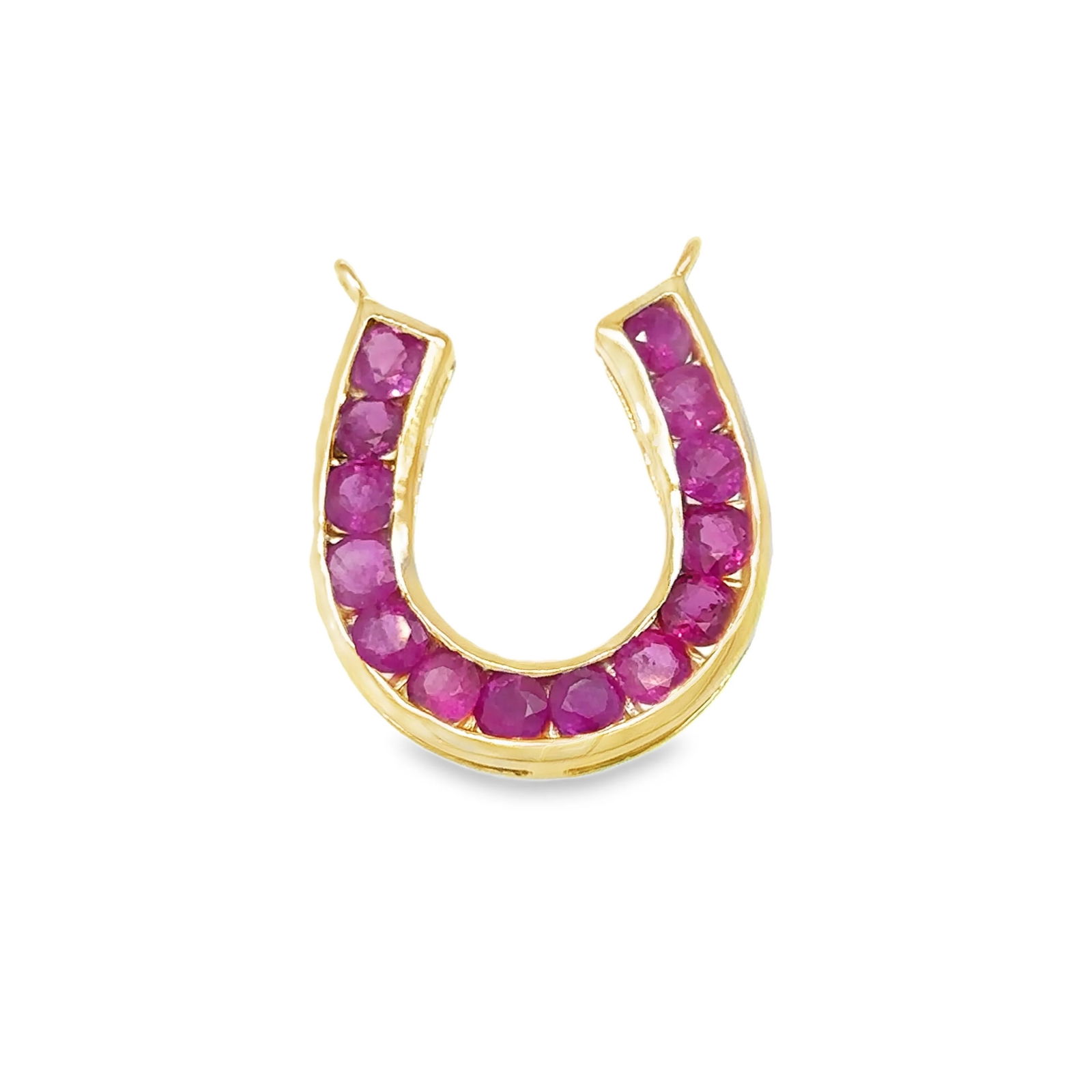 14KT YELLOW GOLD RUBY HORSESHOE PENDANT: 14KT YELLOW GOLD RUBY HORSESHOE PENDANT 14KT. GOLD WT. APPROX. 1.95 GRAMSTONE: RUBYSTONE WT. APPROX. 2.08CT/ 14 PCSSIZE: APPOX. 20MM X 19MM