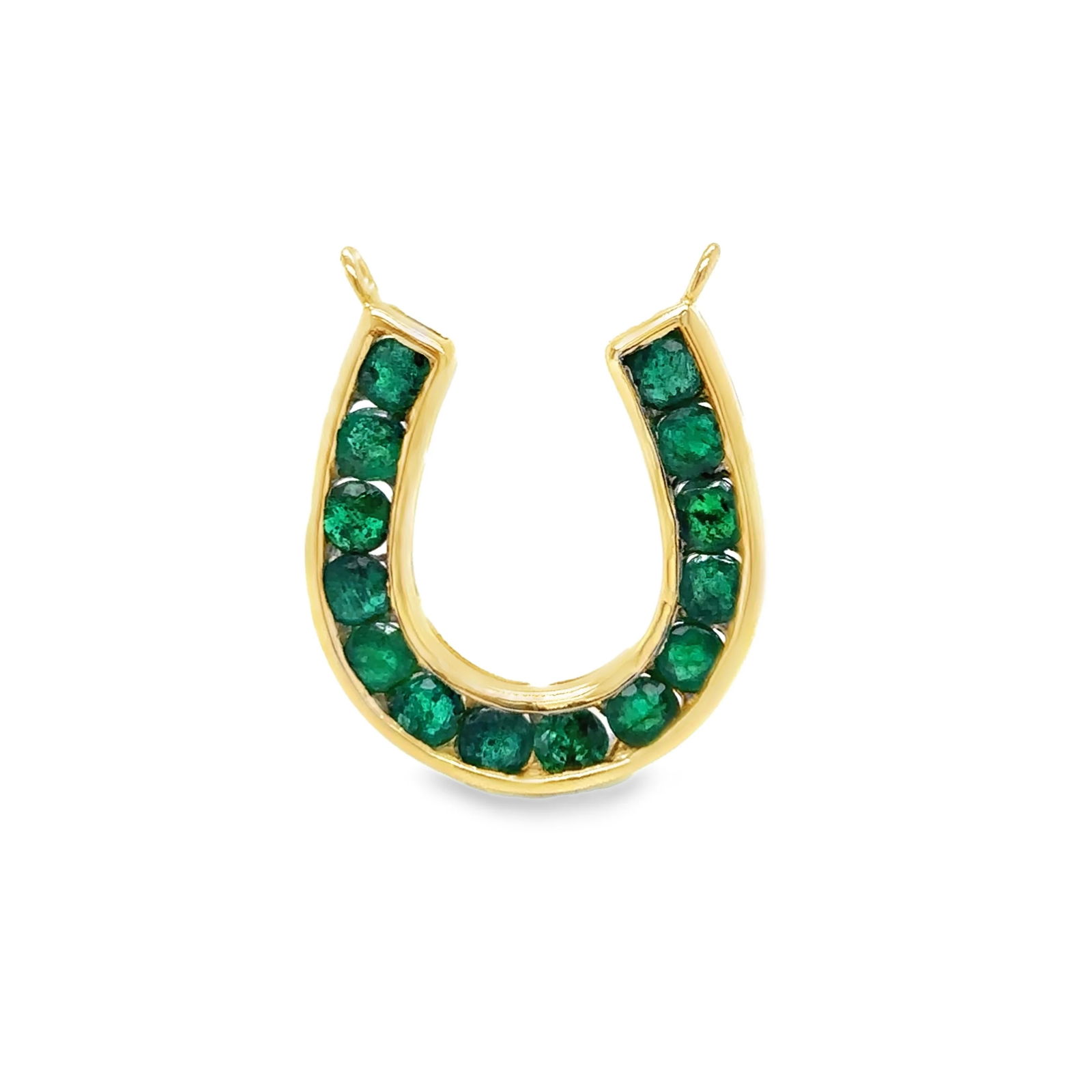 14KT YELLOW GOLD EMERALD HORSESHOE PENDENT: 14KT YELLOW GOLD EMERALD HORSESHOE PENDENT 14KT. YELLOW GOLD WT. APPROX. 1.80 GRAMSTONE: EMERALDSTONE WT. APPROX. 1.46 CT/ 14PCSSIZE: 20MM X 19MM