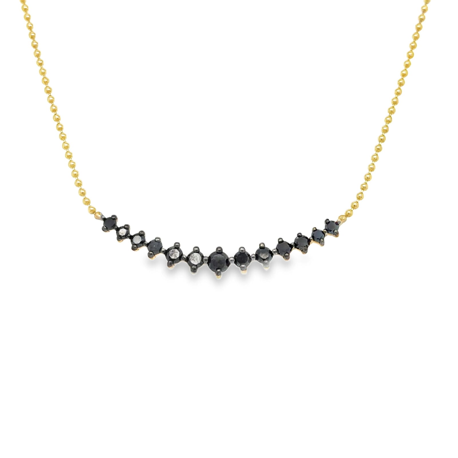 14KT YELLOW GOLD BLACK DIAMOND BALL CHAIN NECKLACE: 14KT YELLOW GOLD BLACK DIAMOND BALL CHAIN NECKLACE 18"14KT GOLD WT. APPROX. 3.80 GRAMBLACK DIAMOND WT. APPROX. 0.75 CARAT / 13 PCS18" LONG WITH ADJUSTABLE RING ON 16" & 17"