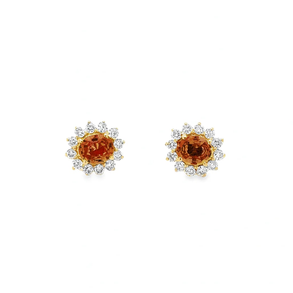 14KT YELLOW GOLD ORANGE SAPPHIRE AND DIAMOND EARRINGS: 14KT YELLOW GOLD ORANGE SAPPHIRE AND DIAMOND EARRING14KT GOLD WT. APPROX. 1.66 GRAMDIAMOND WT. APPROX. 0.53 CARAT / 24 PCSSAPPHIRE WT. APPROX. 1.20 CARAT / 2 PCSSIZE APPROX. - 9 MM X 10 MM