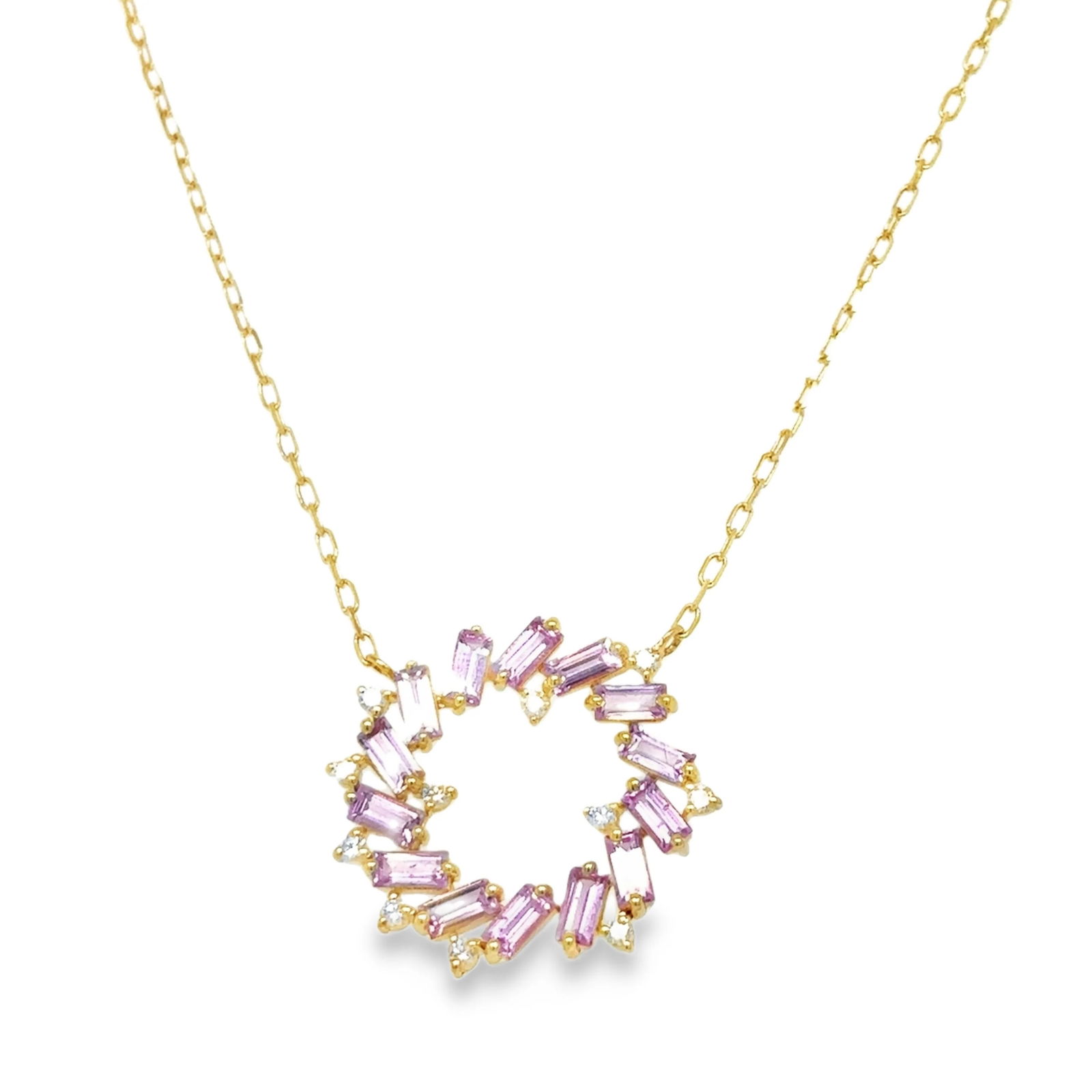 14KT YELLOW GOLD PINK SAPPHIRE AND DIAMONDS NECKLACE: 14KT YELLOW GOLD PINK SAPPHIRE AND DIAMONDS NECKLACE14KT GOLD WT. APPROX. 3.00 GRAMDIAMOND WT. APPROX. 0.20 CARAT/ 11 PCSPINK SAPPHIRE WT. APPROX. 1.85 CARAT/ 14 PCS18 INCH LONG WITH RING ON 16" & 17"