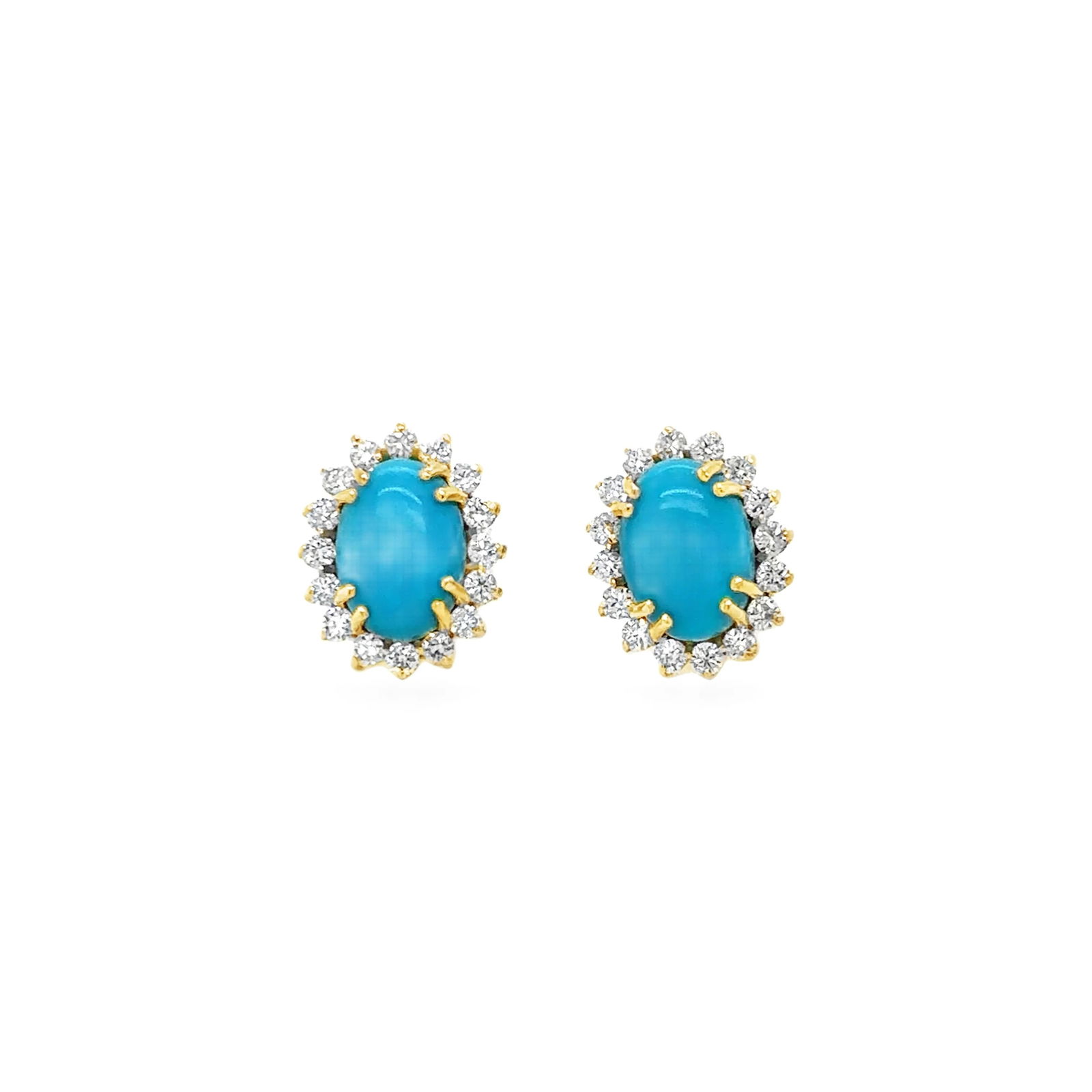 14KT YELLOW GOLD TURQUOISE AND DIAMONDS EARRING: 14KT YELLOW GOLD TURQUOISE AND DIAMONDS EARRING14KT GOLD WT. APPROX. 2.00 GRAMDIAMOND WT. APPROX. 0.35 CARAT / 32 PCSTURQUOISE WT. APPROX. 1.50 CARAT/ 02 PCSSIZE APPROX. - 11 MM X 09 MM