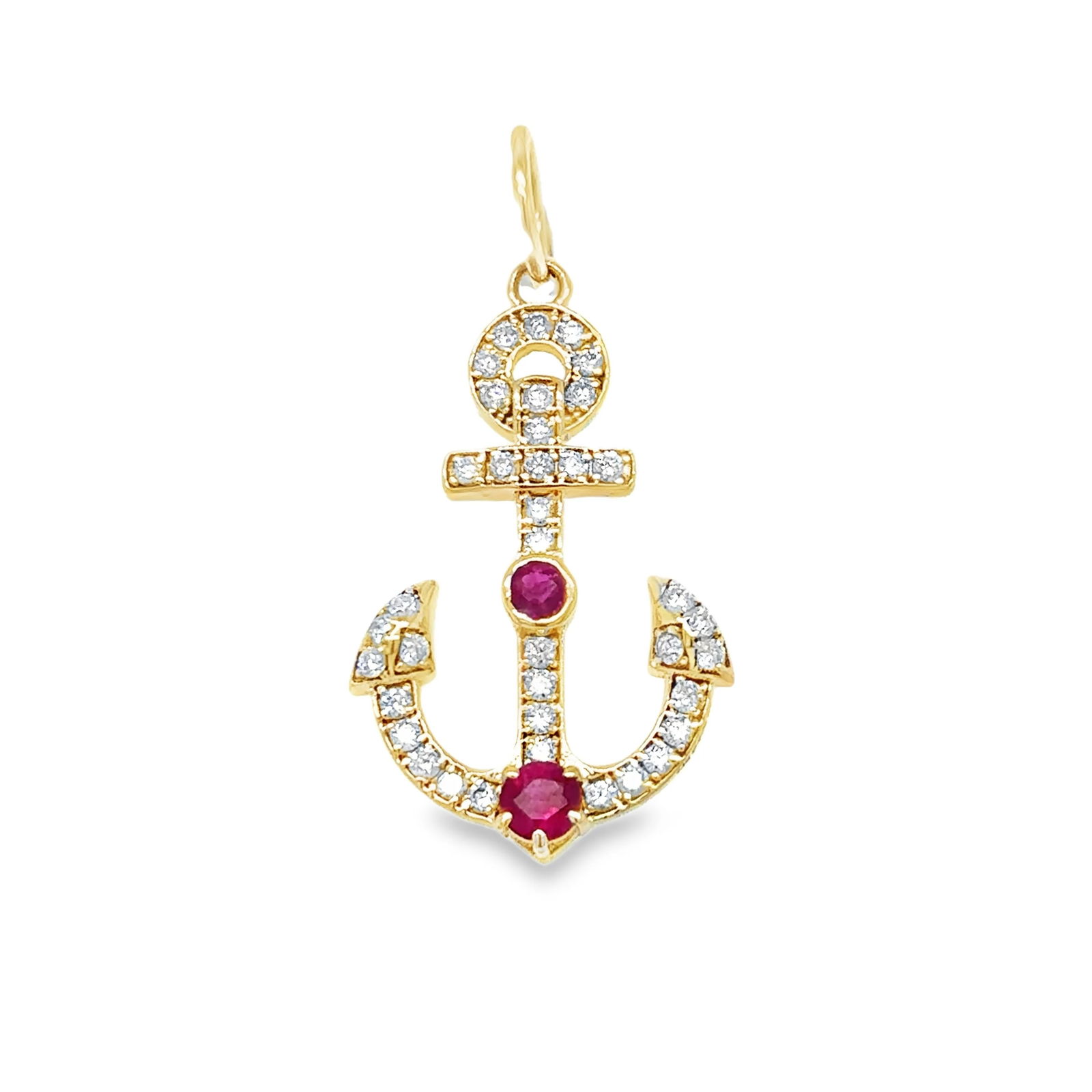 14KT YELLOW GOLD PENDANT WITH RUBY AND DIAMONDS: 14KT YELLOW GOLD PENDANT WITH RUBY AND DIAMONDS14KT GOLD WT. APPROX. 1.50 GRAMDIAMOND WT. APPROX. 0.33 CARAT/RUBY WT. APPROX. 0.25 CARATSIZE APPROX. - 24MM X 15MM