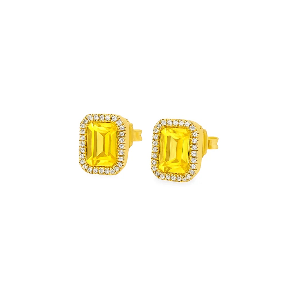 14K GOLD EMERALD CUT YELLOW SAPPHIRE AND DIAMOND STUD EARRING: 14K GOLD YELLOW SAPPHIRE AND DIAMOND RECTANGLE SHAPE STUD EARRING14KT. GOLD WT. APPROX. 1.70 GRAMDIAMOND WT. APPROX. 0.06 CARAT / 44 PCSYELLOW SAPPHIRE WT. APPROX. 0.75 CARAT / 2 PCSSIZE APPROX. 7 X 5