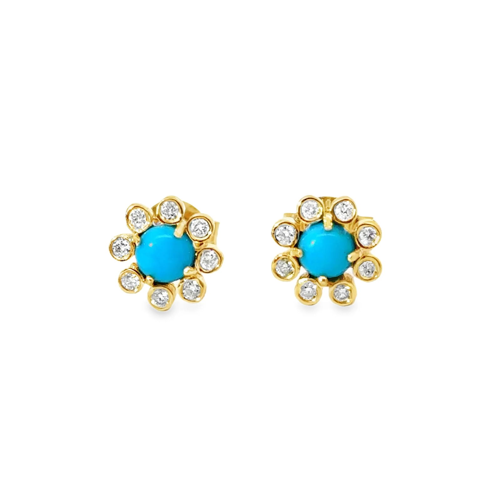 18KT YELLOW GOLD TURQUOISE AND DIAMONDS EARRING: 18KT YELLOW GOLD TURQUOISE AND DIAMONDS EARRING18KT GOLD WT. APPROX. 1.64 GRAMDIAMOND WT. APPROX. 0.20 CARAT / 16 PCSTURQUOISE WT. APPROX. 0.50 CARAT / 2 PCSSIZE APPROX. - 8 MM