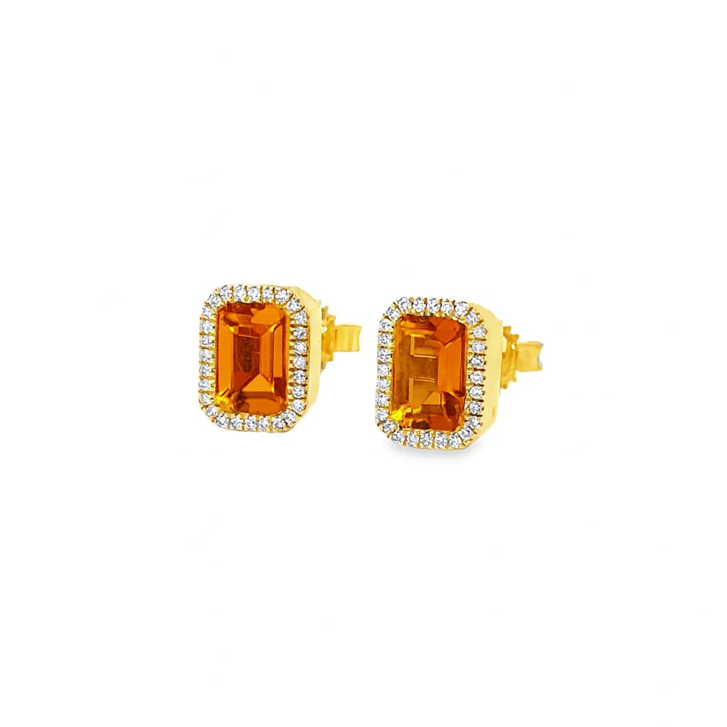 14K GOLD EMERALD CUT ORANGE SAPPHIRE AND DIAMOND STUD EARRING: 14K GOLD ORANGE SAPPHIRE AND DIAMOND RECTANGLE SHAPE STUD EARRING14KT. GOLD WT. APPROX. 1.70 GRAMDIAMOND WT. APPROX. 0.06 CARAT / 44 PCSORANGE SAPPHIRE WT. APPROX. 0.75 CARAT / 2 PCSSIZE APPROX. 7 X 5