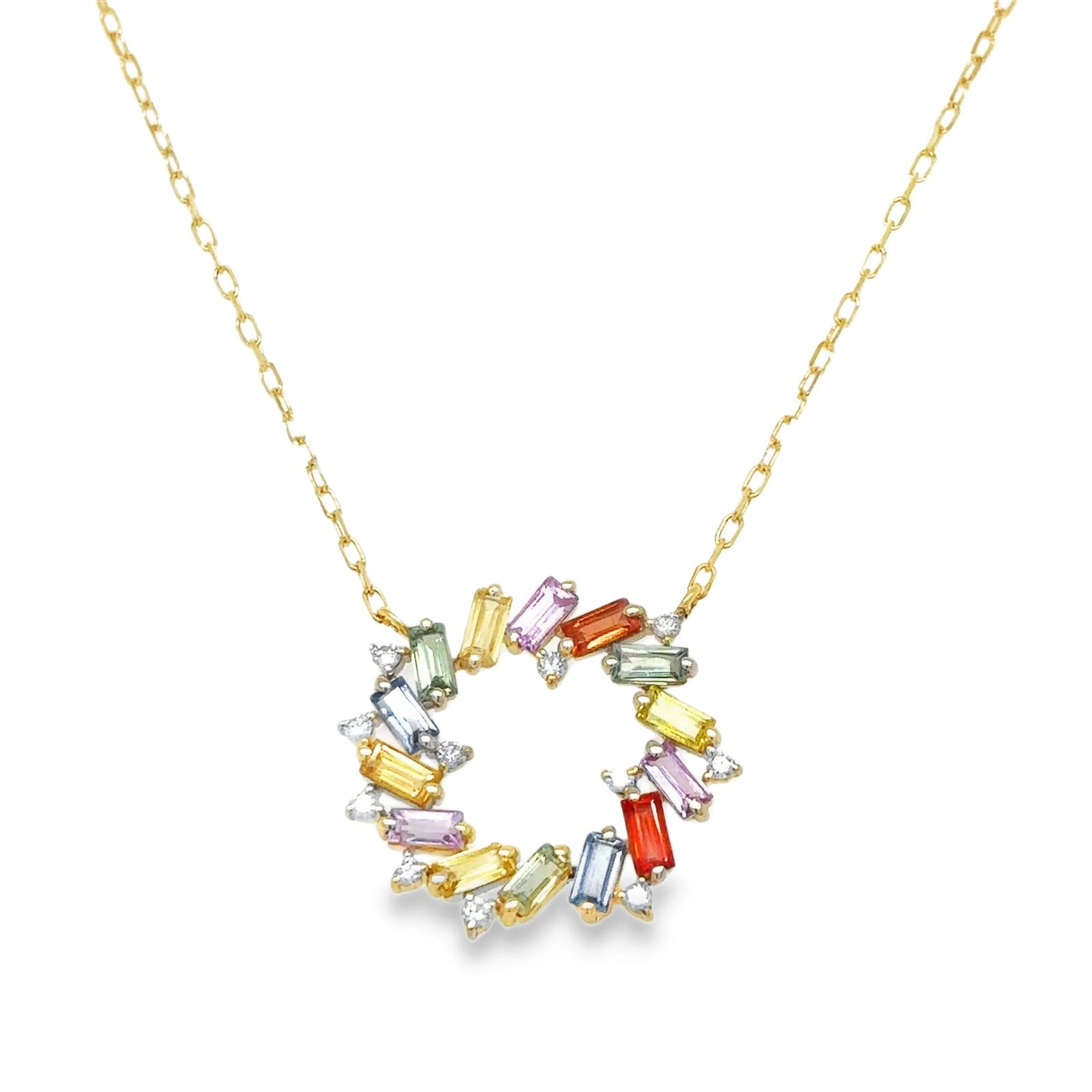 14KT YELLOW GOLD MULTI SAPPHIRE AND DIAMOND NECKLACE: 14KT YELLOW GOLD MULTI SAPPHIRE AND DIAMOND NECKLACE14KT GOLD WT. APPROX. 3.20 GRAMDIAMOND WT. APPROX. 0.20 CARAT/ 11 PCSMULTI SAPPHIRE WT. APPROX. 1.95 CARAT/ 14 PCS18 INCH LONG WITH RING ON 16" &