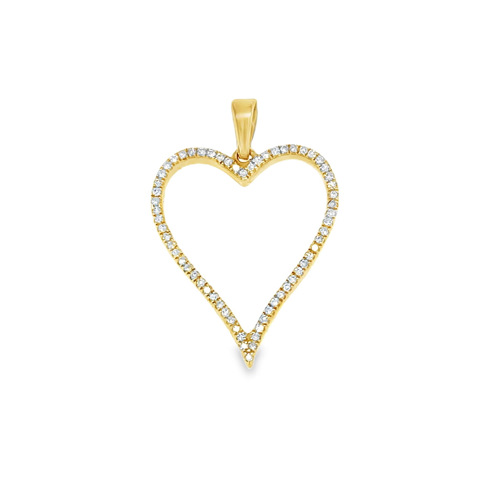 14KT YELLOW GOLD DIAMOND HEART PENDANT: 14KT YELLOW GOLD DIAMOND HEART PENDANT14KT GOLD WT. APPROX. 1.41 GRAMDIAMOND WT. APPROX. 0.11 CARAT/ 64 PCSSIZE: APPOX. 20 MM X 16 MM (WITHOUT LOOP)THICKNESS: 2MMPRICE IS ONLY FOR PENDANT WITHOUT CHAI