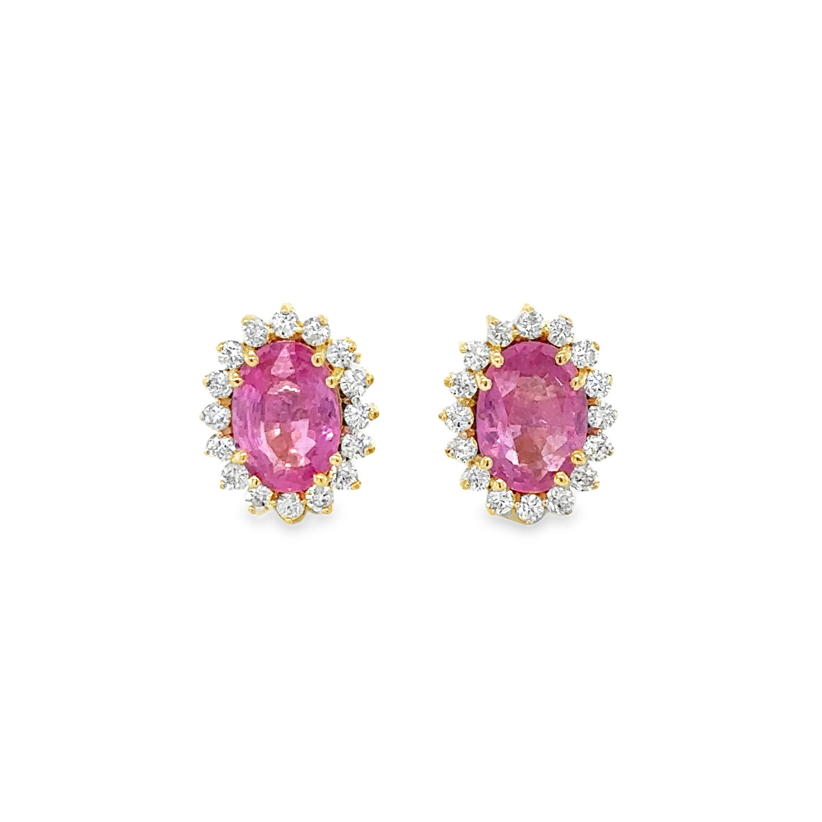 14KT YELLOW GOLD PINK SAPPHIRE AND DIAMONDS EARRING: 14KT YELLOW GOLD PINK SAPPHIRE AND DIAMONDS EARRING14KT GOLD WT. APPROX. 1.95 GRAMDIAMOND WT. APPROX. 0.35 CARAT / 32 PCSPINK SAPPHIRE WT. APPROX. 1.64 CARAT/ 02 PCSSIZE APPROX. - 11 MM X 9 MM