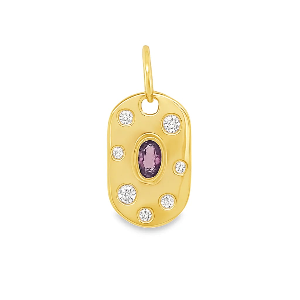 14KT YELLOW GOLD PENDANT WITH DIAMONDS AND PINK SAPPHIRE: 14KT YELLOW GOLD PENDANT WITH DIAMONDS AND PINK SAPPHIRE14KT GOLD WT. APPROX. 1.55 GRAMDIAMOND WT. APPROX. 0.20 CTS/ 7 PCSPINK SAPPHIRE WT. APPROX. 0.32 CTS/ 1 PCPENDANT SIZE APPROX. 11 X 17 MM