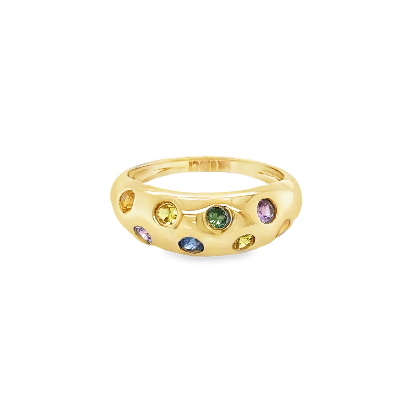 14KT YELLOW GOLD MULTI SAPPHIRE DONUT RING: 14KT YELLOW GOLD MULTI SAPPHIRE DONUT RING14KT GOLD WT. APPROX. 3.30 GRAMMULTI SAPPHIRE WT. APPROX. 0.90 CARAT/ 08 PCSRING SIZE: 7