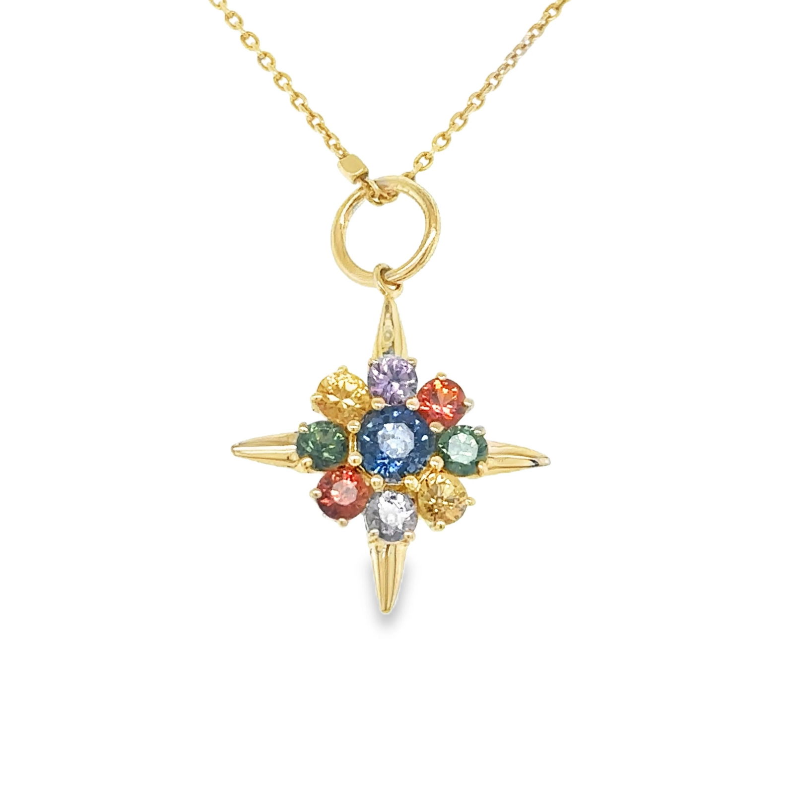 14KT YELLOW GOLD MULTI SAPPHIRE COMPASS PENDENT: 14KT YELLOW GOLD PINK SAPPHIRE COMPASS PENDENT14KT GOLD WT. APPROX. 1.05 GRAMMULTI SAPPHIRE WT. APPROX. 1.15 CTS/ 09 PCSSIZE APPROX. - 19 X 21MM (WITHOUT LOOP)PRICE IS ONLY FOR PENDENT WITHOUT CHAIN