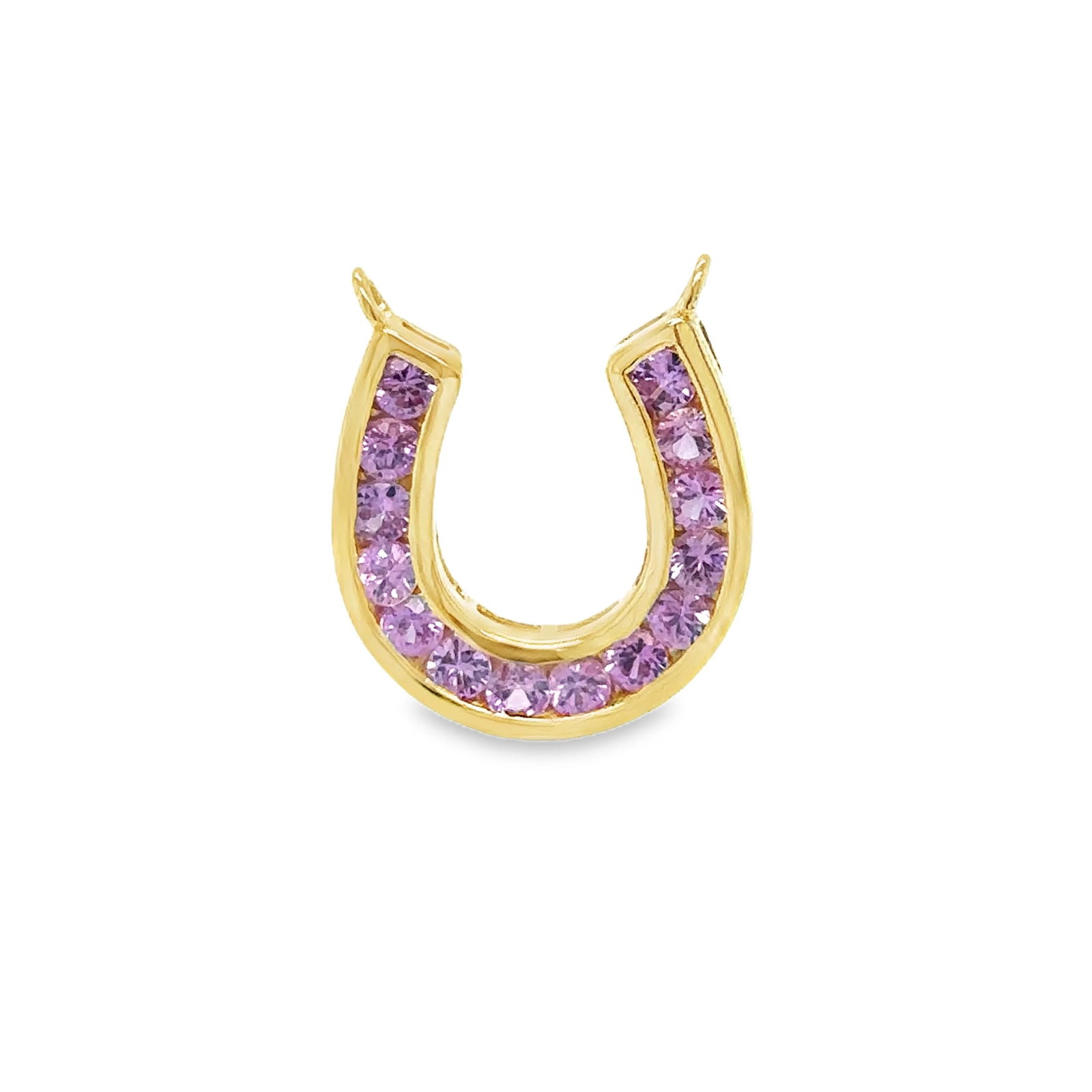 14KT YELLOW GOLD HORSESHOE PENDANT WITH PINK SAPPHIRE: 14KT YELLOW GOLD HORSESHOE PENDANT WITH PINK SAPPHIRE14KT. GOLD WT. APPROX. 1.50 GRAMPINK SAPPHIRE WT. APPROX. 0.85 CT/ 14PCSSIZE: APPOX. 17MM X 15MM