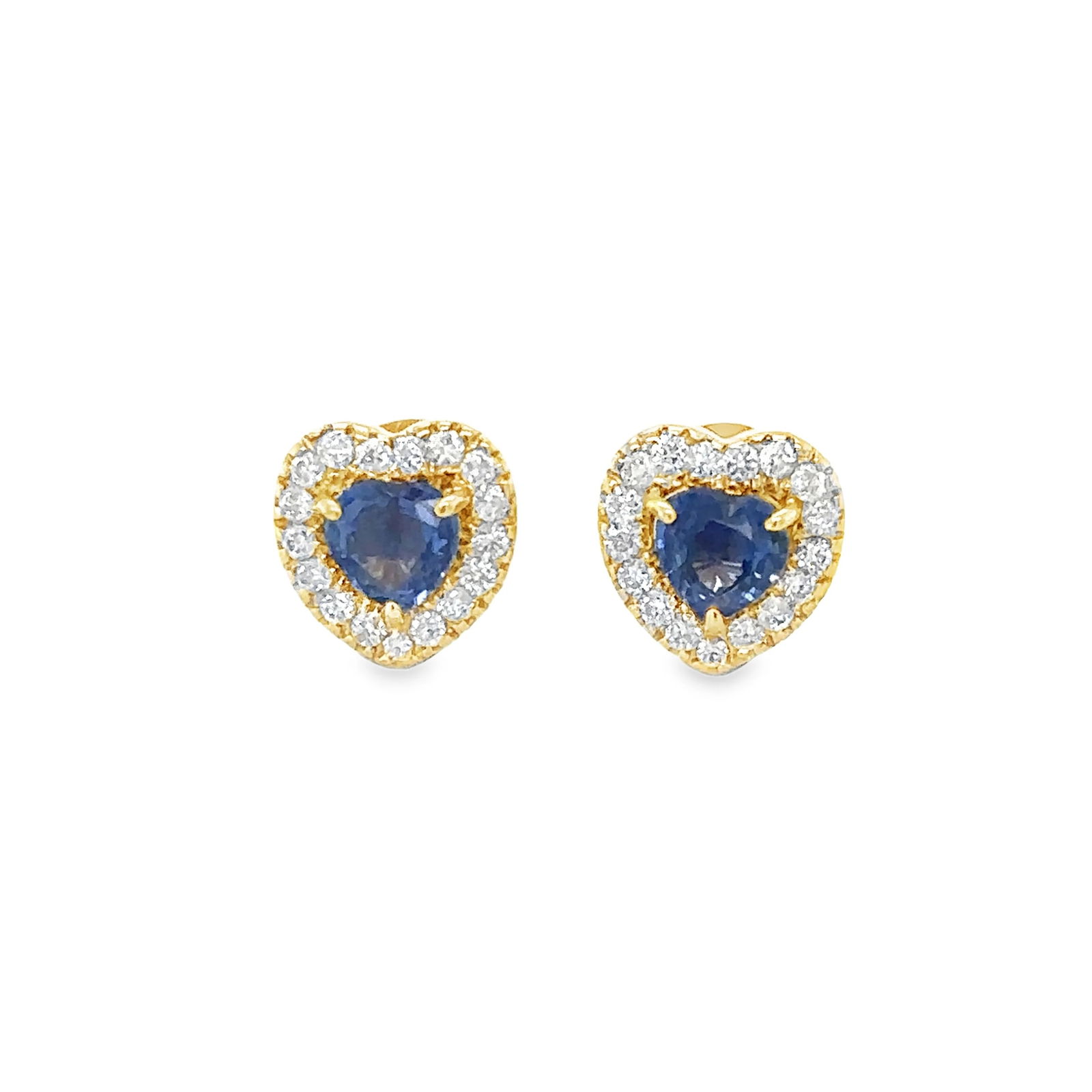 14KT YELLOW GOLD BLUE SAPPHIRE AND DIAMONDS HEART SHAPE EARRING: 14KT YELLOW GOLD SAPPHIRE AND DIAMONDS EARRING14KT GOLD WT. APPROX. 1.60 GRAMDIAMOND WT. APPROX. 0.25 CARATSAPPHIRE WT. APPROX. 0.88 CARAT / 2 PCSSIZE: APPROX. - 8.5MM