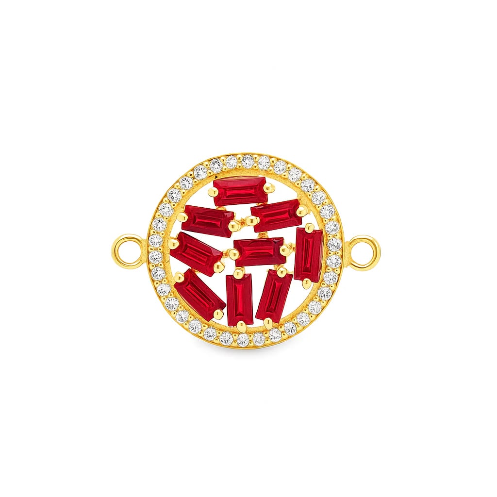 14KT YELLOW GOLD RUBY DISC CONNECTOR WITH DIAMONDS: 14KT YELLOW GOLD RUBY DISC CONNECTOR WITH DIAMONDS14KT. GOLD WT. APPROX. 1.65 GRAMDIAMOND WT. APPROX. 0.27 CARATRUBY WT. APPROX. 0.91 CARATSIZE: 15.5 MMPRICE IS ONLY FOR PENDANT WITHOUT A CHAIN