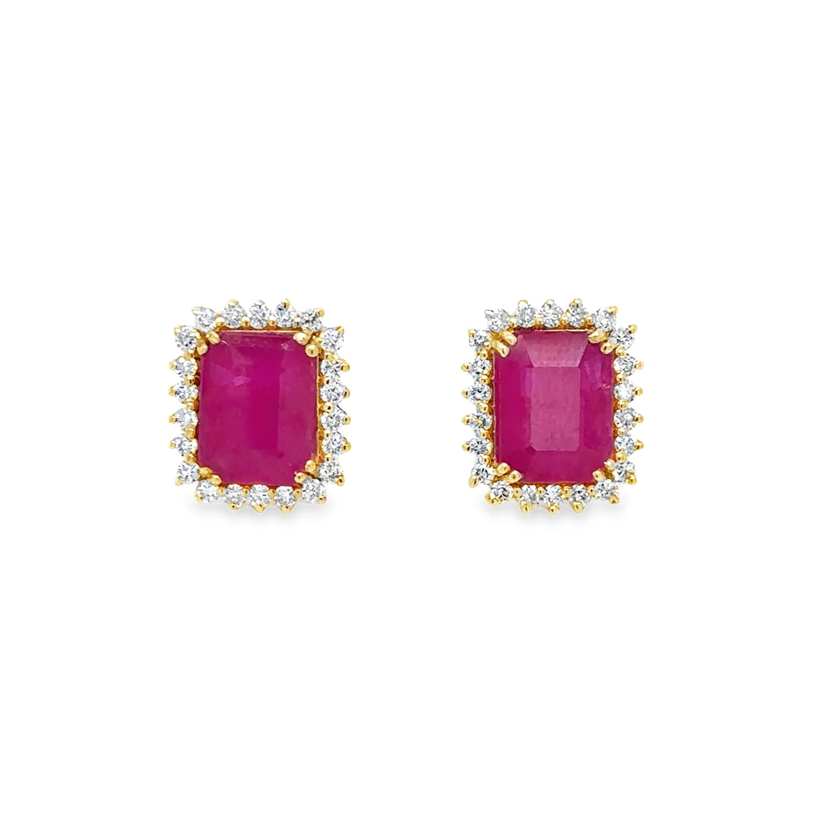 14KT YELLOW GOLD RUBY AND DIAMOND EARRING: 14KT YELLOW GOLD RUBY AND DIAMOND EARRING14KT GOLD WT. APPROX. 2.94 GRAMDIAMOND WT. APPROX. 0.64 CARAT / 44 PCSRUBY WT. APPROX. 4.44 CARAT/ 02 PCSSIZE APPOX. - 11 MM X 13 MM