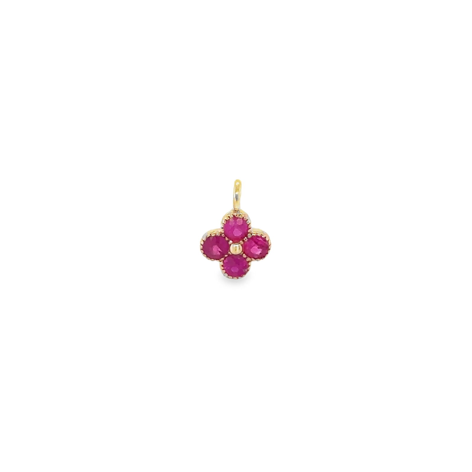 14KT GOLD RUBY CLOVER PENDANT: 14K YELLOW GOLD RUBY / CLOVER SHAPE PENDANT14K YELLOW GOLD WT. APPOX. 0.20 GRAMRUBY WT. APPOX. 0.20 CT/ 4 PCSSIZE:APPROX: 6 MM