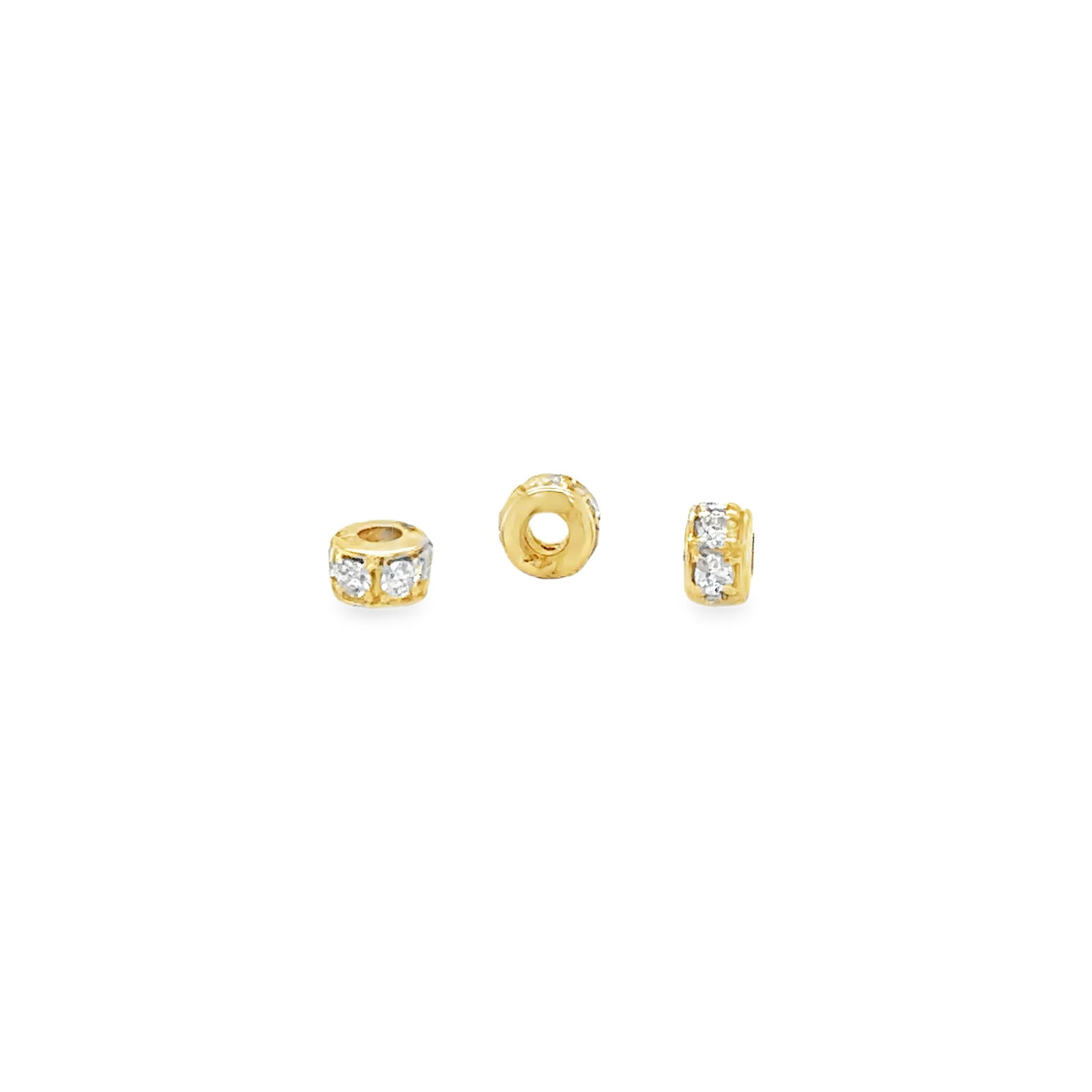 14KT YELLOW GOLD DIAMOND RONDELLES: 14KT YELLOW GOLD DIAMOND RONDELLES14KT GOLD WT. APPROX. 0.08 GRAMDIAMOND WT. APPROX. 0.06 CARAT/ 06 PCSSIZE: APPROX. 3 MM
