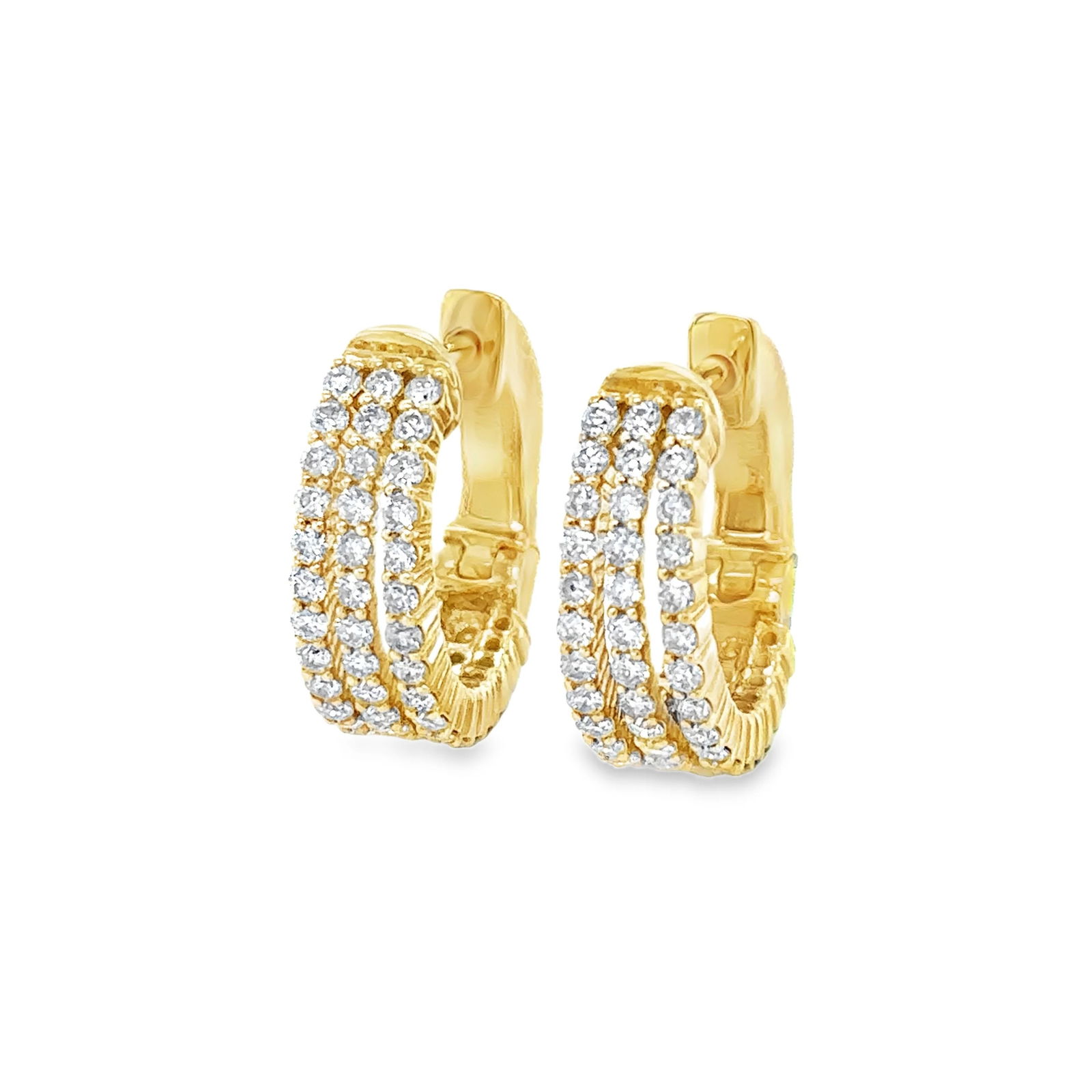 14KT YELLOW GOLD DIAMONDS HUGGIES: 14KT YELLOW GOLD DIAMONDS HUGGIES 14KT GOLD WT. APPROX. 5.55 GRAMDIAMOND WT. APPROX. 1.09 CARAT/ 102 PCSSIZE APPROX. 16.5 MM WIDTH: 5 MM