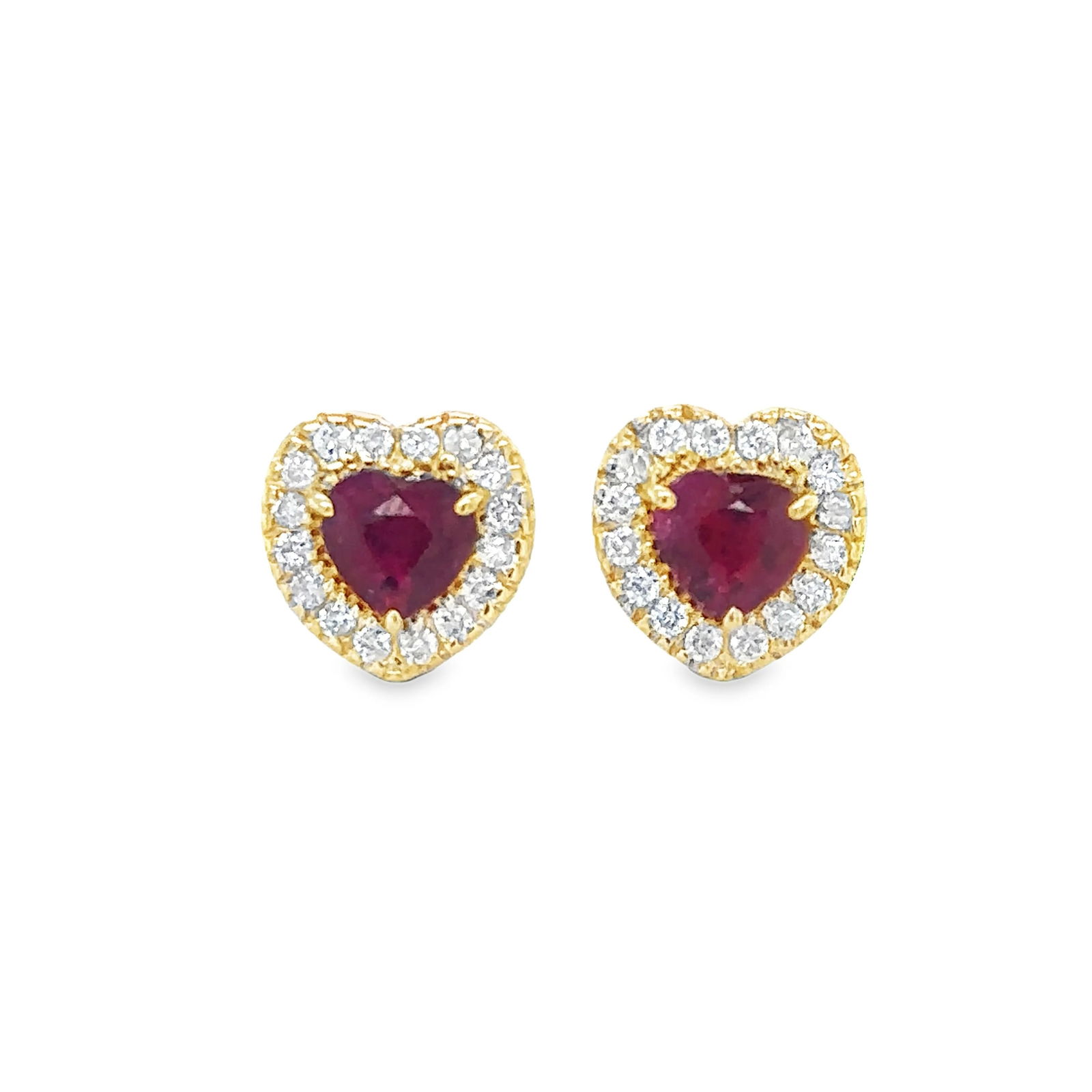 14KT YELLOW GOLD RUBY AND DIAMOND HEART SHAPE EARRING: 14KT YELLOW GOLD RUBY AND DIAMOND EARRING14KT GOLD WT. APPROX. 1.65 GRAMDIAMOND WT. APPROX. 0.25 CARAT RUBY WT. APPROX. 0.95 CARAT/ 2 PCSSIZE APPOX. - 8.5MM