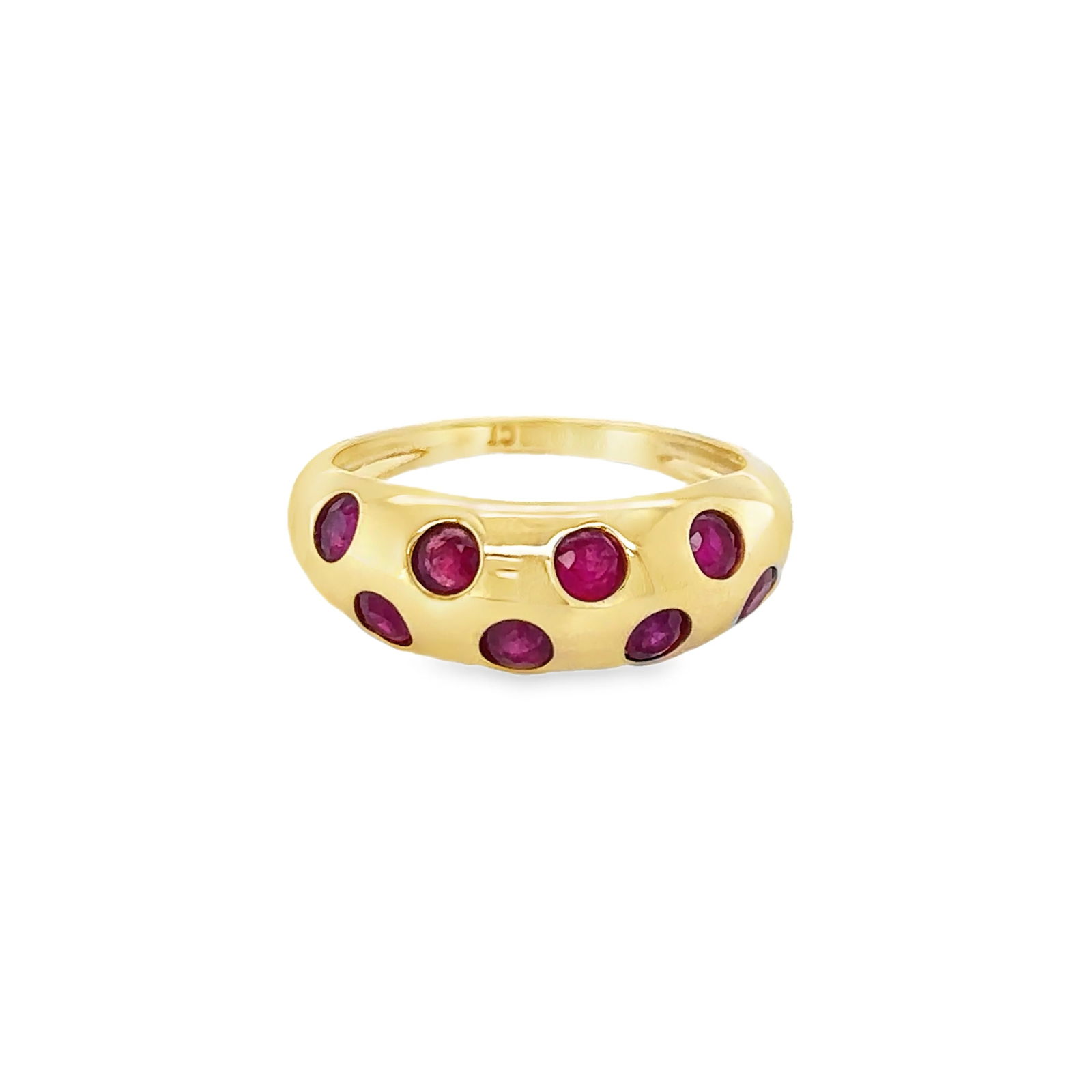 14KT YELLOW GOLD RUBY DONUT RING: 14KT YELLOW GOLD RUBY DONUT RING14KT GOLD WT. APPROX. 3.20 GRAMRUBY WT. APPROX. 0.90 CARAT/ 08 PCSRING SIZE: 7