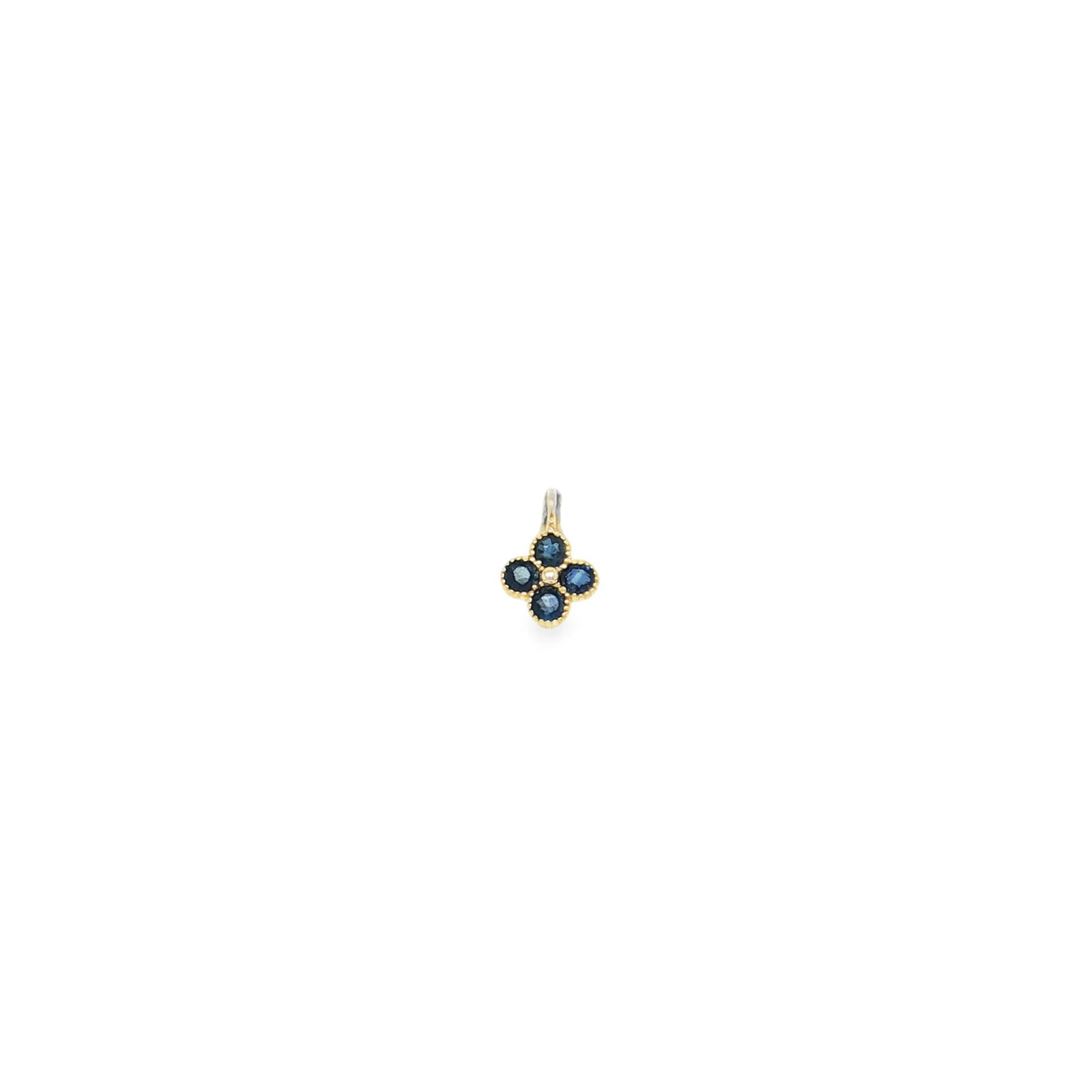 14KT GOLD BLUE SAPPHIRE CLOVER PENDANT: 14K YELLOW GOLD BLUE SAPPHIRE / CLOVER SHAPE PENDANT14K YELLOW GOLD WT. APPOX. 0.20 GRAMBLUE SAPPHIRE WT. APPOX. 0.20 CT/ 4 PCSSIZE:APPROX: 6 MM
