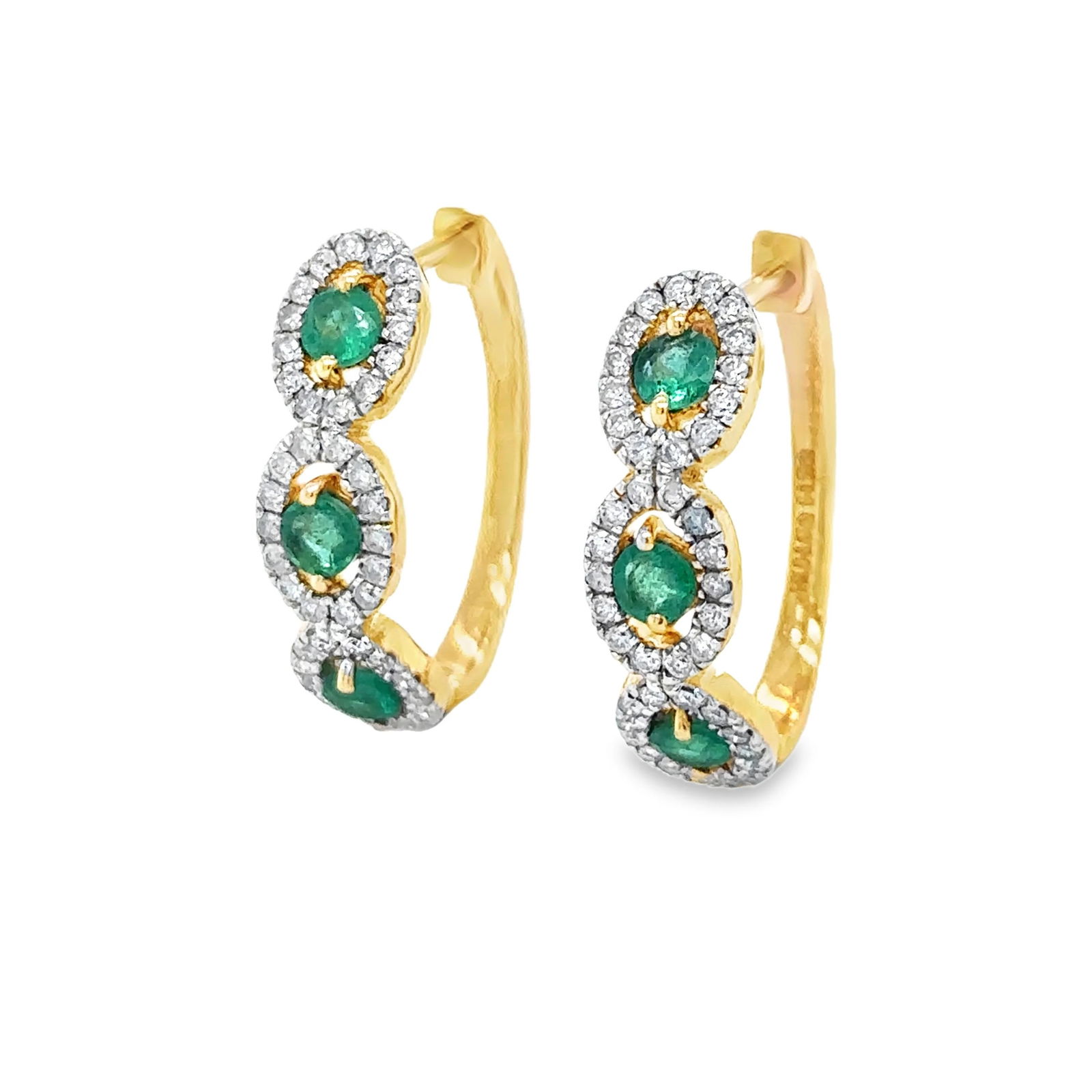14KT YELLOW GOLD DIAMOND AND EMERALD HUGGIES EARRING: 14KT YELLOW GOLD DIAMOND AND EMERALD HUGGIES EARRING14KT GOLD WT. APPROX. 4.44 GRAMDIAMOND WT. APPROX. 0.47 CARAT / 84 PCSEMERALD WT. APPROX. 0.59 CARAT / 6 PCSSIZE APPROX. - 18.5 MM LENGTH: