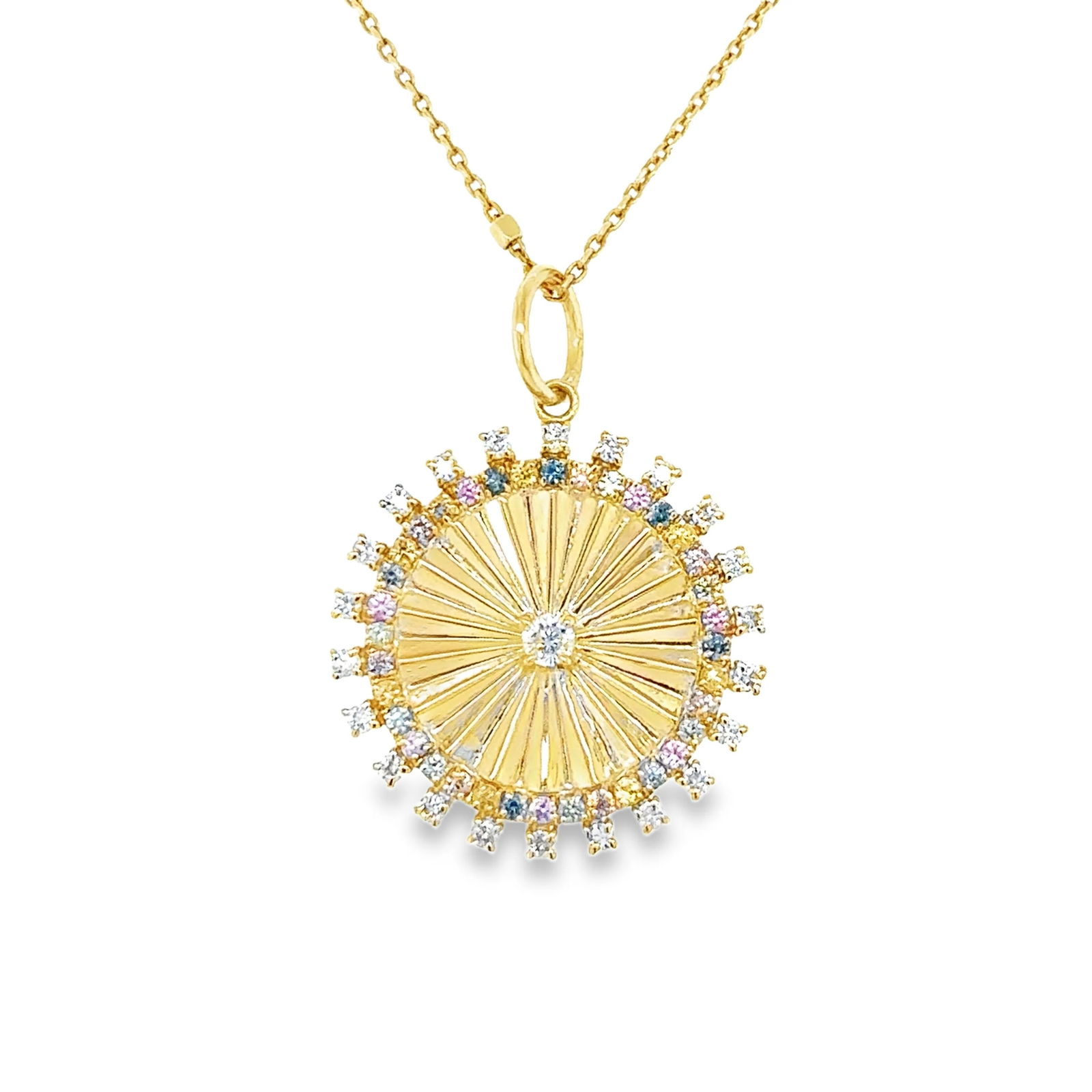 14K YELLOW GOLD DIAMOND AND MULTI SAPPHIRE CIRCLE PENDANT: 14K YELLOW GOLD DIAMOND AND MULTI SAPPHIRE CIRCLE PENDANT WITHOUT CHAIN14KT. YELLOW GOLD WT. APPROX. 2.30 GRAMDIAMOND WT. APPROX. 0.35 CTMULTI SAPPHIRE WT. APPROX. 0.47 CTSSIZE: APPROX. 22 MM