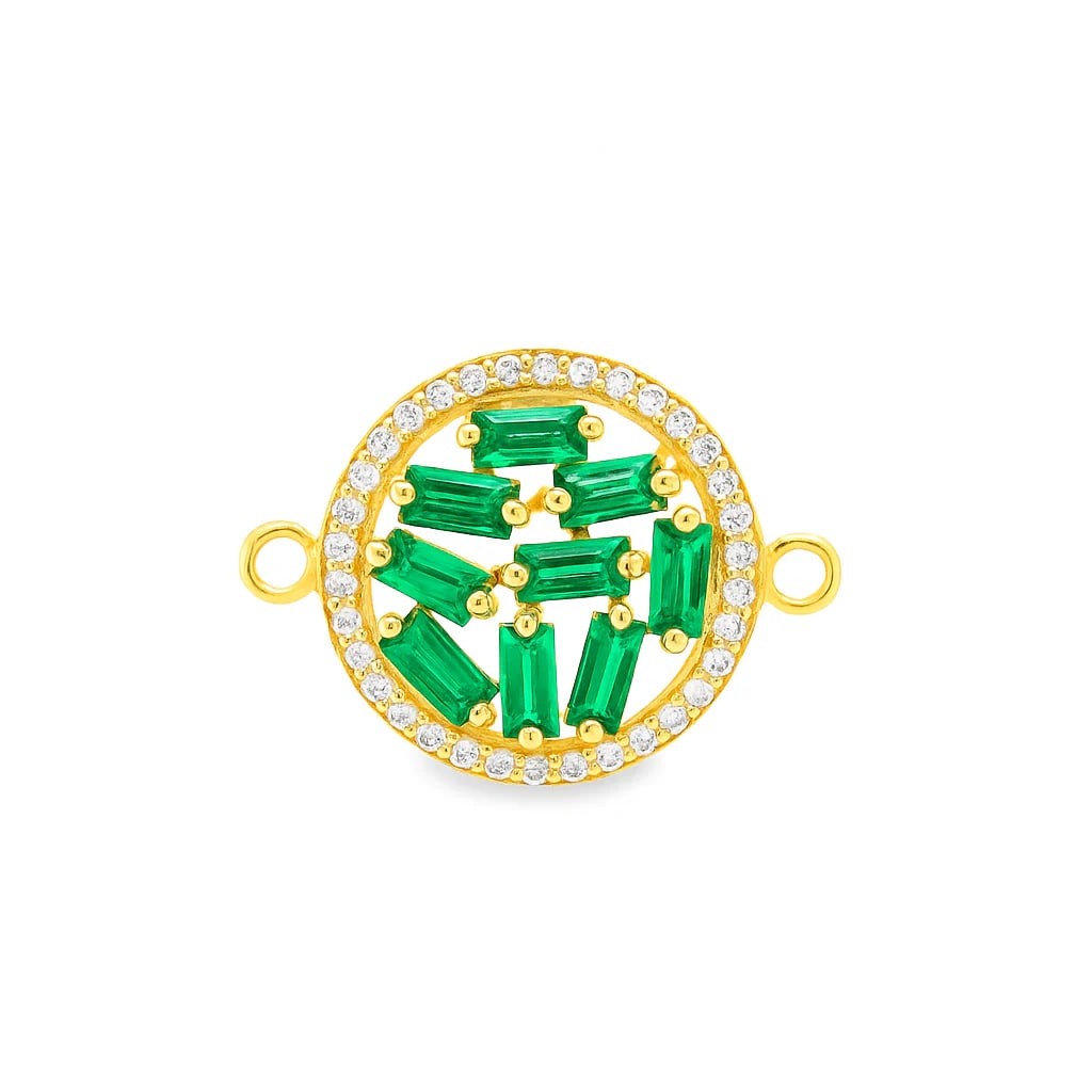 14KT YELLOW GOLD EMERALD DISC CONNECTOR WITH DIAMONDS: 14KT YELLOW GOLD EMERALD DISC CONNECTOR WITH DIAMONDS14KT. GOLD WT. APPROX. 1.55 GRAMDIAMOND WT. APPROX. 0.27 CARAT/ 35 PCSEMERALD WT. APPROX. 1.15 CARAT/ 9 PCSSIZE: 15.5 MMPRICE IS ONLY FOR PENDANT