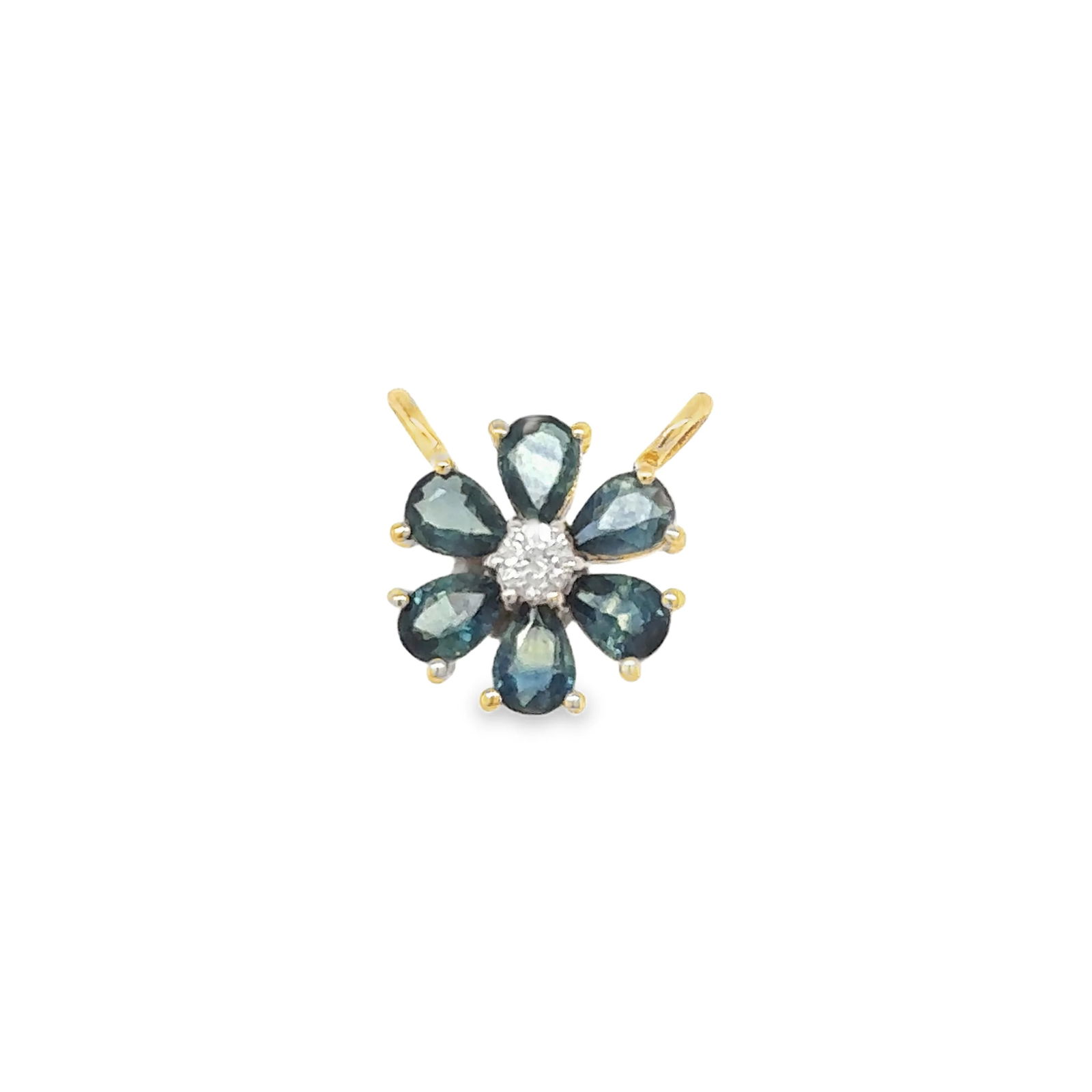 14KT YELLOW GOLD BLUE SAPPHIRE AND DIAMOND PENDANT: 14KT YELLOW GOLD BLUE SAPPHIRE AND DIAMOND PENDANT14KT. YELLOW GOLD WT. APPROX. 0.61 GRAMDIAMOND WT. APPROX. 0.06 CTS / 01 PCSBLUE SAPPHIRE WT. APPROX. 0.75 CTS / 6 PCS SIZE: 9.5 MM