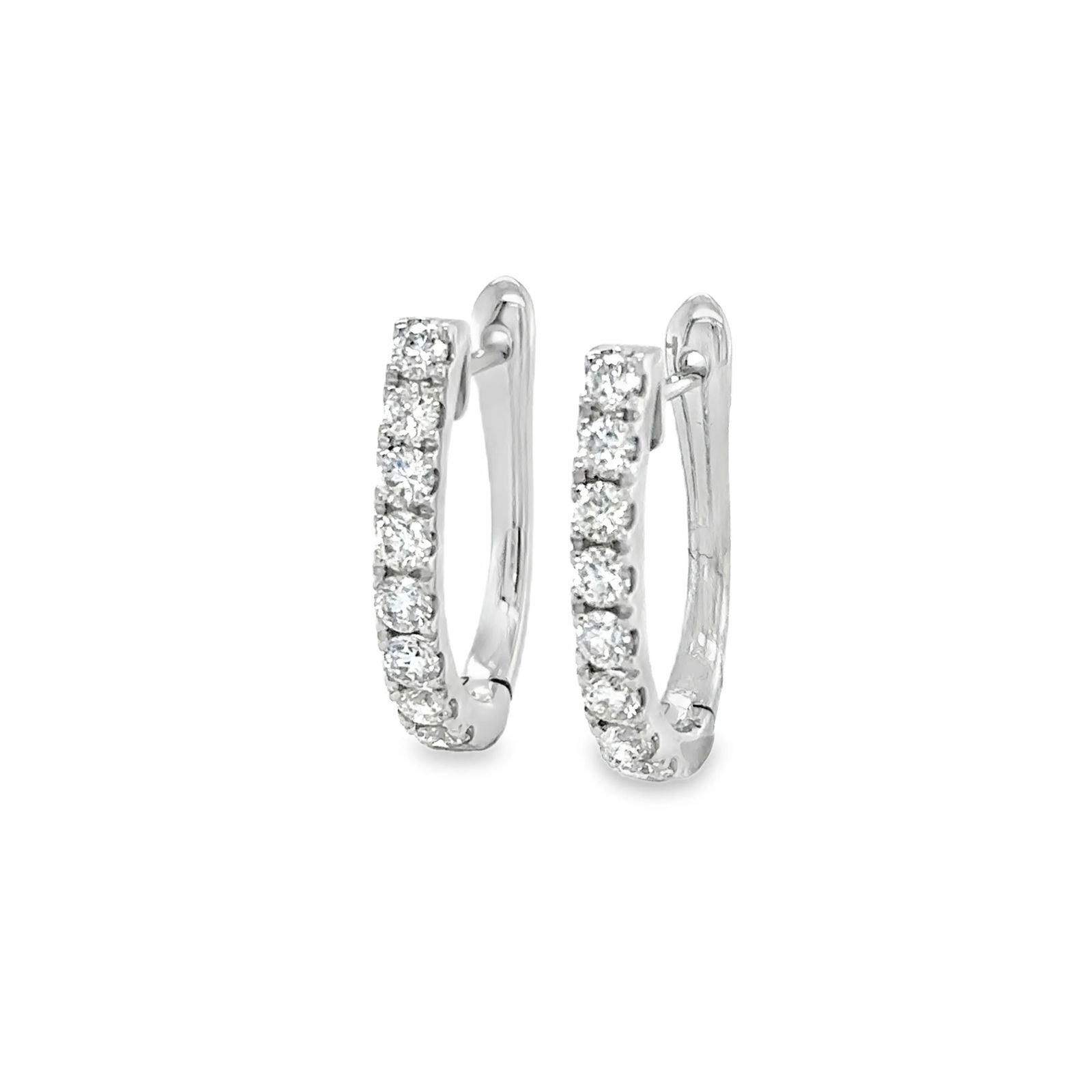 14KT WHITE GOLD DIAMOND HOOP EARRING: 14KT WHITE GOLD DIAMOND HOOP EARRING14KT GOLD WT. APPROX. 2.70 GRAMSDIAMOND WT. APPROX. 1.00 CARAT/ 16 PCSSIZE: APPROX. 13 MM X 17.5 MMWIDTH: 2.5 MM